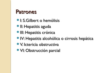 PatronesPatrones
I: S.Gilbert o hemólisisI: S.Gilbert o hemólisis
II: Hepatitis agudaII: Hepatitis aguda
III: Hepatitis crónicaIII: Hepatitis crónica
IV: Hepatitis alcohólica o cirrosis hepáticaIV: Hepatitis alcohólica o cirrosis hepática
V. Ictericia obstructivaV. Ictericia obstructiva
VI: Obstrucción parcialVI: Obstrucción parcial
 