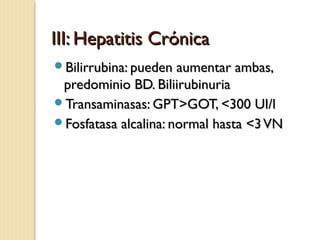 III: Hepatitis CrónicaIII: Hepatitis Crónica
Bilirrubina: pueden aumentar ambas,Bilirrubina: pueden aumentar ambas,
predominio BD. Biliirubinuriapredominio BD. Biliirubinuria
Transaminasas: GPT>GOT, <300 UI/lTransaminasas: GPT>GOT, <300 UI/l
Fosfatasa alcalina: normal hasta <3VNFosfatasa alcalina: normal hasta <3VN
 