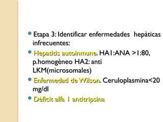 Etapa 3: Identificar enfermedades hepàticasEtapa 3: Identificar enfermedades hepàticas
infrecuentes:infrecuentes:
Hepatitis autoinmuneHepatitis autoinmune. HA1:ANA >1:80,. HA1:ANA >1:80,
p.homogèneo HA2: antip.homogèneo HA2: anti
LKM(microsomales)LKM(microsomales)
Enfermedad de WilsonEnfermedad de Wilson. Ceruloplasmina<20. Ceruloplasmina<20
mg/dlmg/dl
Dèficit alfa 1 antitripsinaDèficit alfa 1 antitripsina
 