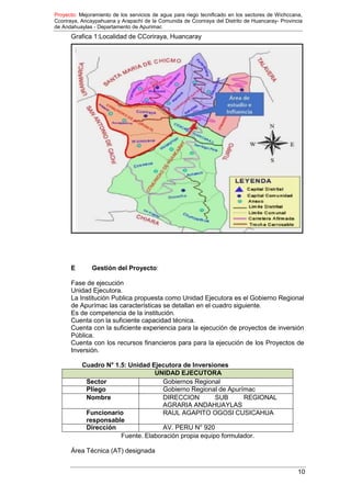 Proyecto: Mejoramiento de los servicios de agua para riego tecnificado en los sectores de Wichccana,
Ccoriraya, Ancaypahuana y Arapachi de la Comunida de Ccoriraya del Distrito de Huancaray- Provincia
de Andahuaylas - Departamento de Apurimac
10
Grafica 1:Localidad de CCoriraya, Huancaray
E Gestión del Proyecto:
Fase de ejecución
Unidad Ejecutora.
La Institución Publica propuesta como Unidad Ejecutora es el Gobierno Regional
de Apurímac las características se detallan en el cuadro siguiente.
Es de competencia de la institución.
Cuenta con la suficiente capacidad técnica.
Cuenta con la suficiente experiencia para la ejecución de proyectos de inversión
Pública.
Cuenta con los recursos financieros para para la ejecución de los Proyectos de
Inversión.
Cuadro N° 1.5: Unidad Ejecutora de Inversiones
UNIDAD EJECUTORA
Sector Gobiernos Regional
Pliego Gobierno Regional de Apurímac
Nombre DIRECCION SUB REGIONAL
AGRARIA ANDAHUAYLAS
Funcionario
responsable
RAUL AGAPITO OGOSI CUSICAHUA
Dirección AV. PERU N° 920
Fuente. Elaboración propia equipo formulador.
Área Técnica (AT) designada
 