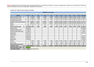 Proyecto: Mejoramiento de los servicios de agua para riego tecnificado en los sectores de Wichccana, Ccoriraya, Ancaypahuana y Arapachi de la Comunidad de Ccoriraya del
Distrito de Huancaray- Provincia de Andahuaylas - Departamento de Apurimac
114
Cuadro 43: Flujo de caja a precios privados
ALTERNATIVA 01 (en nuevos soles)
Concepto Año 0 Año 1 Año 2 Año 3 Año 4 Año 5 Año 6 Año 7 Año 8 Año 9 Año 10 Valor Actual
Ingresos incrementales del proyecto (1) 0.00 15,306.0 15,306.0 15,306.0 15,306.0 15,306.0 15,306.0 15,306.0 15,306.0 15,306.0 15,306.0 153,060.0
Ventadeaguaparariegocon proyecto 0.00 15,306.0 15,306.0 15,306.0 15,306.0 15,306.0 15,306.0 15,306.0 15,306.0 15,306.0 15,306.0 153,060.0
Ventadeagua parariego Sin proyecto 0.00 0.0 0.0 0.0 0.0 0.0 0.0 0.0 0.0 0.0 0.0 0.0
Incremento en el valor neto de la producción (2) 0.00 262,041.6 674,512.1 921,857.8 921,857.8 921,857.8 921,857.8 921,857.8 921,857.8 921,857.8 921,857.8 8,311,416.1
Agrícola 0.0 262,041.6 674,512.1 921,857.8 921,857.8 921,857.8 921,857.8 921,857.8 921,857.8 921,857.8 921,857.8 8,311,416.1
Pecuario 0.00 0.0 0.0 0.0 0.0 0.0 0.0 0.0 0.0 0.0 0.0 0.0
Costos incrementales del proyecto (3) 4,762,842.83 15,306.0 15,306.0 15,306.0 15,306.0 15,306.0 15,306.0 15,306.0 15,306.0 15,306.0 15,306.0 4,915,902.8
Infraestructura deriego 3,539,084.83 3,539,084.8
Capacitacióntecnologías deproducción 21,000.00 21,000.0
Capacitaciónen gestióndesistemas de riego 21,000.00 21,000.0
Gastos generales 429,730.18 429,730.2
Gestiónde proyecto 71,621.70
Supervisión 250,675.94 250,675.9
Utilidad( 7% cd) 250,675.94 250,675.9
Expediente técnico 179,054.24 179,054.2
Operación 0 11,350.0 11,350.0 11,350.0 11,350.0 11,350.0 11,350.0 11,350.0 11,350.0 11,350.0 11,350.0 113,500.0
Mantenimiento 0 3,956.0 3,956.0 3,956.0 3,956.0 3,956.0 3,956.0 3,956.0 3,956.0 3,956.0 3,956.0 39,560.0
Operación y Mantenimiento sin proyecto 0 0.0 0.0 0.0 0.0 0.0 0.0 0.0 0.0 0.0 0.0 0.0
FLUJO NETO = ((1+2)-(3)) (4) -4,762,842.83 262,041.6 674,512.1 921,857.8 921,857.8 921,857.8 921,857.8 921,857.8 921,857.8 921,857.8 921,857.8 3,548,573.3
VALOR ACTUAL NETO ( 4 x 5) (9% ) (6) 599,898.1
Fuente: ElaboracionPropia
TASA INTERNA DE RETORNO (7) 10.42%
 