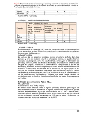 Proyecto: Mejoramiento de los servicios de agua para riego tecnificado en los sectores de Wichccana,
Ccoriraya, Ancaypahuana y Arapachi de la Comunida de Ccoriraya del Distrito de Huancaray- Provincia de
Andahuaylas - Departamento de Apurimac
38
Caprino 02 X - X X
Camélidos 0 - - - - -
Fuente: PDC- Huancaray
Cuadro 12: Crianza de animales menores
Fuente: PDC- Huancaray
Actividad Comercial
Está basada en el desarrollo del comercio, de productos de primera necesidad
como son azúcar, aceites, fideos, los comercios principalmente están ubicadas en
la comunidad de Huancaray.
Actividad Turística
La variedad de sus atractivos turísticos, permite al visitante disfrutar de bellos
paisajes y otros de carácter natural en el aspecto cultural, se puede observar
vestigios arqueológicos, como lo arquitectónico, constituyen la admiración de
propios y extraños, entre los atractivos turísticos y arquitectónicos tenemos: Las
chulpas de Ayapata, ubicada en la Comunidad de Pampamarca, a 30 min de
Huancaray, el museo de restos arqueológicos como momias en la comunidad de
Natividad donde fueron encontrados en la excavación del lugar ayapata a 10
minutos, así mismo el visitante no debe visitar las Cataratas de Cunyacc a 10 min
de Huancaray, además cabemos mencionar el visitante al llegar al valle Huancarino
se fija en el hermoso rio Huancaray, cristalino que posee regular cantidad de
corriente de agua en donde el visitante puede disfrutar con baños de agua y pesca
de truchas.
Población Económicamente Activa - PEA .
PEA y Empleo
Características de la PEA y empleo
No existen datos exactos sobre el ingreso promedio mensual, pero según las
encuestas realizadas se estima que el ingreso promedio de las personas que se
dedican temporalmente a algún tipo de actividad es de 300 a 800 nuevos soles,
mientras tanto las personas que se dedican a la agricultura con tecnología mediana
tienen un ingreso mensual aproximado de 800 nuevos soles y finalmente los
profesionales con un ingreso superior a los de 1,250.
Especies
Cantid
ad
aproxi
mada
por la
familia
Sistema de crianza Destino
Extensivo
(crianza en el
campo)
Intensivo
(incluye el
estabulado -
establo)
Autoco
nsumo
Venta Otro
Cuy. 20 X - X X -
Gallina 10 X - X - -
Pato. 00 X - X - -
Porcino 02 X - X X -
 