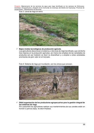 Proyecto: Mejoramiento de los servicios de agua para riego tecnificado en los sectores de Wichccana,
Ccoriraya, Ancaypahuana y Arapachi de la Comunida de Ccoriraya del Distrito de Huancaray- Provincia de
Andahuaylas - Departamento de Apurimac
68
Foto 3: canal de riego en tierra
 Bajos niveles tecnológicos de producción agrícola.
Loa agricultores desconocen el sistema y o técnicas de riego tecnificado, que a la fecha
trae mejoras en la producción agrícolas, así mismo los empleos de las variedades de
productos son por tradición es decir no diversifican y o amplían a otras variedades
promisores de gran valor en el mercado.
Foto 4: Sistema de riego por inundación, son los únicos que conocen.
 Débil organización de los productores agropecuarios para la gestión integral de
los sistemas de riego.
Por costumbre los agricultores realizan sus mantenimientos de sus canales están en
función a yarrcca aspiy es decir limpieza.
 