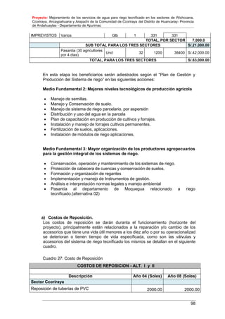 Proyecto: Mejoramiento de los servicios de agua para riego tecnificado en los sectores de Wichccana,
Ccoriraya, Ancaypahuana y Arapachi de la Comunidad de Ccoriraya del Distrito de Huancaray- Provincia
de Andahuaylas - Departamento de Apurimac
98
IMPREVISTOS Varios Glb 1 331 331
TOTAL, POR SECTOR 7,000.0
SUB TOTAL PARA LOS TRES SECTORES S/.21,000.00
Pasantia (30 agricultores
por 4 dias)
Und 32 1200 38400 S/.42,000.00
TOTAL, PARA LOS TRES SECTORES S/.63,000.00
En esta etapa los beneficiarios serán adiestrados según el “Plan de Gestión y
Producción del Sistema de riego” en las siguientes acciones:
Medio Fundamental 2: Mejores niveles tecnológicos de producción agrícola
 Manejo de semillas.
 Manejo y Conservación de suelo.
 Manejo de sistema de riego parcelario, por aspersión
 Distribución y uso del agua en la parcela
 Plan de capacitación en producción de cultivos y forrajes.
 Instalación y manejo de forrajes cultivos permanentes.
 Fertilización de suelos, aplicaciones.
 Instalación de módulos de riego aplicaciones,
Medio Fundamental 3: Mayor organización de los productores agropecuarios
para la gestión integral de los sistemas de riego.
 Conservación, operación y mantenimiento de los sistemas de riego.
 Protección de cabecera de cuencas y conservación de suelos.
 Formación y organización de regantes
 Implementación y manejo de Instrumentos de gestión.
 Análisis e interpretación normas legales y manejo ambiental
 Pasantía al departamento de Moquegua relacionado a riego
tecnificado.(alternativa 02)
a) Costos de Reposición.
Los costos de reposición se darán duranta el funcionamiento (horizonte del
proyecto), principalmente están relacionados a la reparación y/o cambio de los
accesorios que tiene una vida útil menores a los diez año o por su operacionalizad
se deterioran o tienen tiempo de vida especificada, como son las válvulas y
accesorios del sistema de riego tecnificado los mismos se detallan en el siguiente
cuadro.
Cuadro 27: Costo de Reposición
COSTOS DE REPOSICION - ALT. I y II
Descripción Año 04 (Soles) Año 08 (Soles)
Sector Ccoriraya
Reposición de tuberías de PVC 2000.00 2000.00
 