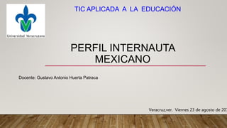 PERFIL INTERNAUTA
MEXICANO
TIC APLICADA A LA EDUCACIÓN
Docente: Gustavo Antonio Huerta Patraca
Veracruz,ver. Viernes 23 de agosto de 201
 