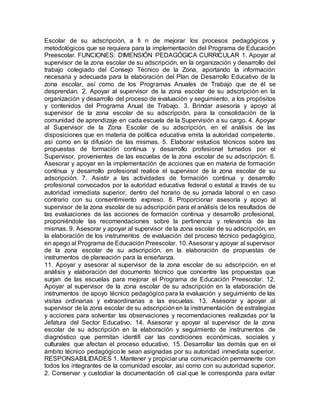Escolar de su adscripción, a fi n de mejorar los procesos pedagógicos y
metodológicos que se requiera para la implementación del Programa de Educación
Preescolar. FUNCIONES: DIMENSIÓN PEDAGÓGICA CURRICULAR 1. Apoyar al
supervisor de la zona escolar de su adscripción, en la organización y desarrollo del
trabajo colegiado del Consejo Técnico de la Zona, aportando la información
necesaria y adecuada para la elaboración del Plan de Desarrollo Educativo de la
zona escolar, así como de los Programas Anuales de Trabajo que de él se
desprendan. 2. Apoyar al supervisor de la zona escolar de su adscripción en la
organización y desarrollo del proceso de evaluación y seguimiento, a los propósitos
y contenidos del Programa Anual de Trabajo. 3. Brindar asesoría y apoyo al
supervisor de la zona escolar de su adscripción, para la consolidación de la
comunidad de aprendizaje en cada escuela de la Supervisión a su cargo. 4. Apoyar
al Supervisor de la Zona Escolar de su adscripción, en el análisis de las
disposiciones que en materia de política educativa emita la autoridad competente,
así como en la difusión de las mismas. 5. Elaborar estudios técnicos sobre las
propuestas de formación continua y desarrollo profesional turnados por el
Supervisor, provenientes de las escuelas de la zona escolar de su adscripción. 6.
Asesorar y apoyar en la implementación de acciones que en materia de formación
continua y desarrollo profesional realice el supervisor de la zona escolar de su
adscripción. 7. Asistir a las actividades de formación continua y desarrollo
profesional convocados por la autoridad educativa federal o estatal a través de su
autoridad inmediata superior, dentro del horario de su jornada laboral o en caso
contrario con su consentimiento expreso. 8. Proporcionar asesoría y apoyo al
supervisor de la zona escolar de su adscripción para el análisis de los resultados de
las evaluaciones de las acciones de formación continua y desarrollo profesional,
proponiéndole las recomendaciones sobre la pertinencia y relevancia de las
mismas. 9. Asesorar y apoyar al supervisor de la zona escolar de su adscripción, en
la elaboración de los instrumentos de evaluación del proceso técnico pedagógico,
en apego al Programa de Educación Preescolar. 10. Asesorar y apoyar al supervisor
de la zona escolar de su adscripción, en la elaboración de propuestas de
instrumentos de planeación para la enseñanza.
11. Apoyar y asesorar al supervisor de la zona escolar de su adscripción, en el
análisis y elaboración del documento técnico que concentre las propuestas que
surjan de las escuelas para mejorar el Programa de Educación Preescolar. 12.
Apoyar al supervisor de la zona escolar de su adscripción en la elaboración de
instrumentos de apoyo técnico pedagógico para la evaluación y seguimiento de las
visitas ordinarias y extraordinarias a las escuelas. 13. Asesorar y apoyar al
supervisor de la zona escolar de su adscripciónen la instrumentación de estrategias
y acciones para solventar las observaciones y recomendaciones realizadas por la
Jefatura del Sector Educativo. 14. Asesorar y apoyar al supervisor de la zona
escolar de su adscripción en la elaboración y seguimiento de instrumentos de
diagnóstico que permitan identifi car las condiciones económicas, sociales y
culturales que afectan el proceso educativo. 15. Desarrollar las demás que en el
ámbito técnico pedagógico le sean asignadas por su autoridad inmediata superior.
RESPONSABILIDADES 1. Mantener y propiciar una comunicación permanente con
todos los integrantes de la comunidad escolar, así como con su autoridad superior.
2. Conservar y custodiar la documentación ofi cial que le corresponda para evitar
 