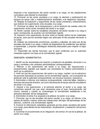 Asesorar a los supervisores del sector escolar a su cargo, en las adaptaciones
curriculares para atender la diversidad.
15. Promover en las zonas escolares a su cargo, la atención y participación de
equipos de apoyo inter y multidisciplinarios tendientes a la integración educativa.
16. Realizar la evaluación y seguimiento de las visitas ordinarias y extraordinarias
que realicen los supervisores a las escuelas a su cargo.
17. Promover la cultura de la transparencia y de la rendición de cuentas entre los
supervisores de las zonas escolares del sector a su cargo.
18. Rendir cuentas sobre los resultados educativos del sector escolar a su cargo a
quien corresponda, de acuerdo a la normatividad vigente.
19. Asesorar a los supervisores de zona sobre el manejo óptimo de los materiales
de apoyo, para que los docentes hagan uso adecuado en las escuelas del sector a
su cargo.
20. Analizar las condiciones económicas, sociales y culturales de cada una de las
escuelas del sector a su cargo, a efecto de diagnosticar los problemas que afectan
el aprendizaje y proponer estrategias didácticas adecuadas para mejorar el logro
educativo.
21. Desarrollar las demás funciones que le sean conferidas por su autoridad
inmediata superior con base en la normatividad vigente.
DIMENSIÓN ADMINISTRATIVA
1. Identifi car las necesidades de creación y ampliación de planteles del sector a su
cargo y remitirlas a las unidades administrativas correspondientes.
2. Informar a los supervisores del sector a su cargo, las disposiciones y
procedimientos vigentes que regulen sus actividades en materia administrativa y
verifi car su aplicación.
3. Verifi car que las supervisiones del sector a su cargo, cuenten con la estructura
de personal autorizada de acuerdo con la normatividad vigente, con el propósito de
gestionar ante la autoridad correspondiente, los recursos humanos necesarios.
4. Administrar e informar a la instancia correspondiente, sobre las faltas, retardos y
licencias del personal directivo, así como del personal de apoyo adscrito a la jefatura
de sector a su cargo.
5. Asignar a los supervisores y al personal adscrito al sector a su cargo, las
comisiones específi cas que sean necesarias para el buen funcionamiento del
mismo, siempre y cuando no contravengan la normatividad establecida ni los
derechos laborales de los trabajadores.
6. Administrar el activo fi jo asignado a la jefatura de sector a su cargo.
7. Promover que en las escuelas del sector escolar a su cargo, se informe a los
padres de familia o tutores sobre las evaluaciones del logro del aprendizaje de los
alumnos, conforme a la normatividad vigente.
8. Conocer la información estadística generada por las zonas escolares del sector
a su cargo, para efectos de los instrumentos de planeación y evaluación del servicio
educativo.
9. Coordinar el procedimiento de la integración del archivo ofi cial de la jefatura de
sector a su cargo.
 