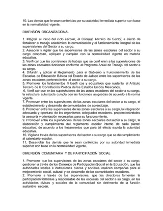 10. Las demás que le sean conferidas por su autoridad inmediata superior con base
en la normatividad vigente.
DIMENSIÓN ORGANIZACIONAL
1. Integrar al inicio del ciclo escolar, el Consejo Técnico de Sector, a efecto de
fortalecer el trabajo académico, la comunicación y el funcionamiento integral de las
supervisiones del Sector a su cargo.
2. Asesorar y vigilar que los supervisores de las zonas escolares del sector a su
cargo conozcan, apliquen y cumplan con la normatividad vigente en materia
educativa.
3. Verifi car que las comisiones de trabajo que se confi eren a las supervisiones de
las zonas escolares funcionen conforme al Programa Anual de Trabajo del sector a
su cargo.
4. Difundir y aplicar el Reglamento para el Gobierno y Funcionamiento de las
Escuelas de Educación Básica del Estado de Jalisco entre los supervisores de las
zonas escolares pertenecientes al sector a su cargo.
5. Promover los fundamentos fi losófi cos y educativos que sustenta el Artículo
Tercero de la Constitución Política de los Estados Unidos Mexicanos.
6. Verifi car que en las supervisiones de las zonas escolares del sector a su cargo,
la estructura autorizada cumpla con las funciones asignadas de acuerdo a la norma
vigente.
7. Promover entre los supervisores de las zonas escolares del sector a su cargo, el
establecimiento y desarrollo de comunidades de aprendizaje.
8. Promover entre los supervisores de las zonas escolares a su cargo, la integración
adecuada y oportuna de los organismos colegiados escolares, proporcionándoles
la asesoría y orientación necesarias para su funcionamiento.
9. Promover entre los supervisores de las zonas escolares del sector a su cargo, la
elaboración y cumplimiento del reglamento escolar interno de cada plantel
educativo, de acuerdo a los lineamientos que para tal efecto expida la autoridad
educativa.
10. Vigilar a través de los supervisores del sector a su cargo que se dé cumplimiento
al calendario escolar.
11. Desarrollar las demás que le sean conferidas por su autoridad inmediata
superior con base en la normatividad vigente.
DIMENSIÓN COMUNITARIA Y DE PARTICIPACIÓN SOCIAL
1. Promover que los supervisores de las zonas escolares del sector a su cargo,
gestionen a través de los Consejos de Participación Social en la Educación, que las
autoridades locales e instituciones cívicas y sociales, realicen campañas para el
mejoramiento social, cultural y de desarrollo de las comunidades escolares.
2. Promover a través de los supervisores, que los directores fomenten la
participación formativa y responsable de las escuelas del sector a su cargo, en las
actividades cívicas y sociales de la comunidad sin detrimento de la función
sustantiva escolar.
 