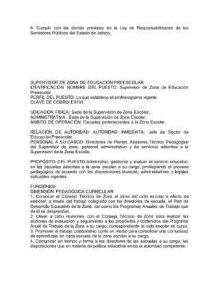 6. Cumplir con las demás previstas en la Ley de Responsabilidades de los
Servidores Públicos del Estado de Jalisco.
SUPERVISOR DE ZONA DE EDUCACION PREESCOLAR
IDENTIFICACIÓN NOMBRE DEL PUESTO: Supervisor de Zona de Educación
Preescolar
PERFIL DEL PUESTO: Lo que establece el profesiograma vigente
CLAVE DE COBRO: E0101
UBICACIÓN FÍSICA: Sede de la Supervisión de Zona Escolar.
ADMINISTRATIVA: Sede de la Supervisión de Zona Escolar.
ÁMBITO DE OPERACIÓN: Escuelas pertenecientes a la Zona Escolar.
RELACIÓN DE AUTORIDAD AUTORIDAD INMEDIATA: Jefe de Sector de
Educación Preescolar
PERSONAL A SU CARGO: Directores de Plantel, Asesores Técnico Pedagógico
del Supervisor de zona, personal administrativo y de servicios adscritos a la
Supervisión de la Zona Escolar.
PROPÓSITO DEL PUESTO Administrar, gestionar y evaluar el servicio educativo
en las escuelas adscritas a la zona escolar a su cargo, privilegiando el proceso
pedagógico, de acuerdo con las disposiciones técnicas, administrativas y legales
aplicables vigentes.
FUNCIONES:
DIMENSIÓN PEDAGÓGICA CURRICULAR
1. Convocar al Consejo Técnico de Zona al inicio del ciclo escolar a efecto de
elaborar, a través del trabajo colegiado con los directores de escuela, el Plan de
Desarrollo Educativo de la Zona, así como los Programas Anuales de Trabajo que
de él se desprendan.
2. Llevar a cabo reuniones con el Consejo Técnico de Zona para realizar las
acciones de evaluación y seguimiento a los propósitos y contenidos del Programa
Anual de Trabajo de la Zona a su cargo, correspondiente al ciclo escolar en curso.
3. Promover el trabajo colaborativo como un medio para consolidar una comunidad
de aprendizaje en cada escuela de la zona escolar a su cargo.
4. Comunicar en tiempo y forma a los directores de las escuelas a su cargo, las
disposiciones que en materia de política educativa emita la autoridad competente.
 