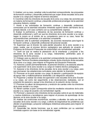 5. Analizar y en su caso, canalizar ante la autoridad correspondiente, las propuestas
de formación continua y desarrollo profesional que surjan de las escuelas de la zona
escolar a su cargo para mejorar el servicio educativo.
6. Coordinar entre los directores de escuela de la zona a su cargo, las acciones que
en materia de formación continua y desarrollo profesional provengan de la autoridad
educativa federal y estatal.
7. Asistir a las actividades de formación continua y desarrollo profesional,
convocadas por la autoridad educativa inmediata superior dentro del horario de su
jornada laboral, o en caso contrario con su consentimiento expreso.
8. Evaluar la pertinencia y relevancia de las acciones de formación continua y
desarrollo profesional y verifi car que los directores de la zona escolar a su cargo,
hagan lo propio en el ámbito de su competencia para en su caso, hacer las
recomendaciones pertinentes a la autoridad competente.
9. Gestionar ante la autoridad competente, las acciones necesarias para lograr la
formación continua y desarrollo profesional del personal escolar.
10. Supervisar que el director de cada plantel educativo de la zona escolar a su
cargo, evalúe que el proceso técnico pedagógico sea aplicado de acuerdo al
Programa de Educación Preescolar de conformidad a la normatividad aplicable.
11. Verifi car que se realice la planeación de la enseñanza y proponer a los
directores de la zona escolar a su cargo, instrumentos pertinentes para el
seguimiento de dicho proceso.
12. Entregar para su atención a la autoridad correspondiente las propuestas de los
Consejos Técnicos Escolares presentadas a través de los directivos de las escuelas
de la zona a su cargo, para mejorar el Programa de Educación Preescolar.
13. Asesorar y asistir permanentemente al personal directivo y de asesoría adscrito
a la supervisión de la zona escolar a su cargo en materia técnico pedagógica.
14. Asesorar a los directores de las escuelas de la zona escolar a su cargo, para
que promuevan las adaptaciones curriculares para atender la diversidad.
15. Promover en la zona escolar a su cargo, la atención y participación de equipos
de apoyo inter y multidisciplinarios tendientes a la integración educativa.
16. Programar y realizar las visitas de supervisión a las escuelas de la zona Escolar
a su cargo, así como dar seguimiento a las observaciones realizadas, con el
propósito de asesorar y apoyar a los directivos en la solución de las mismas.
17. Promover la cultura de transparencia y rendición de cuentas entre los directores
de la zona escolar a su cargo.
18. Rendir cuentas a quien corresponda sobre los resultados educativos de la zona
escolar a su cargo de acuerdo a la normatividad vigente.
19. Promover y asesorar a los directores de las escuelas sobre el uso de materiales
y medios didácticos y tecnológicos para mejorar el proceso de aprendizaje de los
alumnos en la zona escolar a su cargo.
20. Analizar las condiciones económicas, sociales y culturales de cada una de las
escuelas de la zona escolar a su cargo, a efecto de diagnosticar los problemas que
afecten el aprendizaje y proponer estrategias didácticas adecuadas para mejorar el
logro educativo.
21. Desarrollar las demás funciones que le sean conferidas por su autoridad
inmediata superior con base en la normatividad vigente.
 