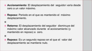  Accionamiento: El desplazamiento del seguidor varía desde
cero a un valor máximo.
 Reposo: Periodo en el que es mantenido el máximo
desplazamiento.

 Retorno: El desplazamiento del seguidor disminuye del
máximo valor alcanzado durante el accionamiento (y
mantenido en reposo) a cero.

 Reposo: Es un segundo reposo en el que el valor del
desplazamiento se mantiene nulo.
 