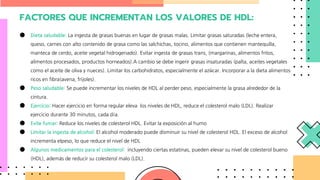 FACTORES QUE INCREMENTAN LOS VALORES DE HDL:
● Dieta saludable: La ingesta de grasas buenas en lugar de grasas malas. Limitar grasas saturadas (leche entera,
queso, carnes con alto contenido de grasa como las salchichas, tocino, alimentos que contienen mantequilla,
manteca de cerdo, aceite vegetal hidrogenado). Evitar ingesta de grasas trans, (margarinas, alimentos fritos,
alimentos procesados, productos horneados).A cambio se debe ingerir grasas insaturadas (palta, aceites vegetales
como el aceite de oliva y nueces). Limitar los carbohidratos, especialmente el azúcar. Incorporar a la dieta alimentos
ricos en fibra(avena, frijoles).
● Peso saludable: Se puede incrementar los niveles de HDL al perder peso, especialmente la grasa alrededor de la
cintura.
● Ejercicio: Hacer ejercicio en forma regular eleva los niveles de HDL, reduce el colesterol malo (LDL). Realizar
ejercicio durante 30 minutos, cada día.
● Evite fumar: Reduce los niveles de colesterol HDL. Evitar la exposición al humo
● Limitar la ingesta de alcohol: El alcohol moderado puede disminuir su nivel de colesterol HDL. El exceso de alcohol
incrementa elpeso, lo que reduce el nivel de HDL
● Algunos medicamentos para el colesterol: incluyendo ciertas estatinas, pueden elevar su nivel de colesterol bueno
(HDL), además de reducir su colesterol malo (LDL).
 