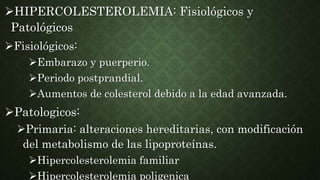 HIPERCOLESTEROLEMIA: Fisiológicos y
Patológicos
Fisiológicos:
Embarazo y puerperio.
Periodo postprandial.
Aumentos de colesterol debido a la edad avanzada.
Patologicos:
Primaria: alteraciones hereditarias, con modificación
del metabolismo de las lipoproteínas.
Hipercolesterolemia familiar
Hipercolesterolemia poligenica
 
