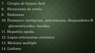 7. Cirugia de bypass ileal
8. Situaciones de estrés
9. Embarazo
10. Farmacos: estrógenos, isotretinoina, bloqueadores B
glucocorticoides, tiazidas.
11. Hepatitis aguda.
12. Lupus eritematoso sistémico
13. Mieloma multiple
14. Linfoma
 