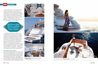 PERFIL

SeSSa CrUISer 44

O barco ainda conta com uma cobertura hardtop
elétrica e um sistema de ar condicionado para o
cockpit, que possui ainda com um confortável sofá
em formato de U. Um dos sofás de popa transformase em um amplo solário para banho de sol. O italiano
Massimo Radice, vice-presidente da Sessa Marine,
ressalta os detalhes que fazem diferença no mercado
nacional. “O acabamento dos acessórios com
geladeira, ice maker, televisão e churrasqueira são os
pontos fortes para uso no verão brasileiro.”

Ideal para saídas
diárias e também
para cruzeiros e
férias a bordo
Compostas por duas suítes, as cabines da C44
possuem ampla luminosidade e espaço valorizado.
“A cabine máster no centro do barco traz uma maior
estabilidade e menor barulho das ondas; os amplos
vitrais dão uma visibilidade maravilhosa do mar”,
conta Massimo. As duas cabines possuem pé-direito
alto, com 1,89 metro de altura. A sofisticação do
projeto interno do barco fica por conta de materiais
inovadores e móveis das mais famosas marcas
italianas. “Estas qualidades são resultado do cuidado e
da preocupação da Sessa Marine para com a ergonomia
e a funcionalidade de seus projetos”, completa Neto.
O modelo ainda vem com gerador, ar-condicionado,
GPS, iluminação aquática e rádio comunicador VHF.

Para brasileiros de bom gosto

Massimo Radice destaca que o modelo C44 é para pessoas
em busca de versatilidade na água, “um cliente que quer
um produto de qualidade elevada, que gosta de conforto
e que usa a lancha para saídas diárias, mas que também
planeja cruzeiros e férias a bordo”. Neto completa: “A
C44 é uma embarcação especial, possui desempenho de
uma lancha esportiva, conforto e requinte de um iate de
luxo. Foi concebida para clientes especiais que querem j

90

PERFILNÁUTICO

Posto de comando bem equipado, excelente espaço
na plataforma de popa e cobertura hardtop elétrica

Bem ao gosto do brasileiro, a plataforma de popa é muito agradável

PERFILNÁUTICO

91

 