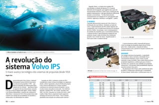 Segundo Abreu, a evolução dos modelos IPS
está atrelada à evolução do sistema EVC (Controle
Eletrônico de Navegação), que engloba toda a parte de
funcionamento eletrônico, assim como a otimização dos
painéis e instrumentos, o que gera eficiência e diferencial
perante a concorrência.  “A Volvo Penta investe
constantemente na evolução do EVC para garantir mais
conforto, segurança e eficiência  à navegação”, explica.

Mundo Náutico

O segredo

O grande diferencial do sistema da Volvo Penta é a
localização dos seus hélices. Instalado no fundo do
casco, o aproveitamento do IPS é muito superior em
comparação com os tradicionais sistemas de instalação
de eixo e hélice. Isso porque, com o remanejamento
da unidade de propulsão para a extremidade dianteira,
o sistema alcança o aproveitamento integral da sua
potência, já que o sopro do hélice fica totalmente
paralelo com o fundo do motor, impulsionando o
barco para onde o condutor deseja.

O mais potente: IPS 1200

O aproveitamento ainda é intensificado graças
à alta tecnologia de propulsão dupla desenvolvida
pela Volvo. Sendo assim, o sistema de hélices
contrarrotantes evita a perda de rotações existente nos
modelos anteriores.
Os hélices instalados no fundo do casco possibilitam o aproveitamento integral da sua potência

A revolução do
sistema Volvo IPS

O maior avanço tecnológico dos sistemas de propulsão desde 1959
Angelo Sfair

D

esenvolvido pela Volvo Penta, o Inboard
Performance System (IPS) foi um marco
nos sistemas de propulsão. O IPS — que
pode ser instalado em embarcações sport
cruisers de 36 a 100 pés — aperfeiçoa todos
os aspectos de seus antecessores, fazendo
com que os barcos fiquem mais ágeis, velozes, limpos
e até mesmo diminuindo o consumo de combustível.
Além disso, o sistema da Volvo Penta proporciona mais
conforto em virtude da sua facilidade em manobrar a
embarcação e da diminuição dos ruídos.

112  PERFILNÁUTICO

Agilidade

O IPS 600 está presente na Flyer Gran Turismo 49 (pág. 76)

Nos antigos sistemas de propulsão, a capacidade
de manobrar o barco em baixa velocidade ficava
extremamente limitada, já que o leme só pode
controlar o sopro do hélice, pois a maior parte da força
produzida impulsiona a embarcação para a frente e
em linha reta. Dotado de suas unidades de propulsão
orientáveis, o IPS permite uma possibilidade ampla de
manobras jamais vista antes.
No sistema da Volvo Penta, toda a potência do sopro
do hélice é voltada para a direção que o comandante
do barco deseja. Sendo assim, a embarcação torna-se j

Modelos e especificações
Lançada em 2004, a primeira versão do IPS é
considerada o maior avanço tecnológico no segmento
desde a rabeta Aquamatic, desenvolvida pela própria
Volvo Penta na década de 50. Porém o projeto
continuou em constante desenvolvimento e novas
versões foram colocadas no mercado. “Em 2009 foi
lançado o modelo IPS2, nas versões  IPS 800 e IPS
900; e em 2011, lançamos as versões IPS 1050 e 1200”,
explica Felipe Abreu, responsável pelo segmento
marítimo de lazer da Volvo Penta. “Esta evolução
possibilita uma atuação em embarcações maiores.”

Volvo Penta IPS

Propshaft kW / HP

Crankshaft kW / HP

RPM Máx.

Nº de cilindros

Deslocamento por litro / cui

IPS350
IPS400
IPS450
IPS500
IPS550G
IPS600
IPS800
IPS900
IPS1050
IPS1200

182 / 248
212 / 289
230 / 314
259 / 352
280 / 376
307 / 418
417 / 567
487 / 662
556 / 756
626 / 850

191 / 260
221 / 300
243 / 330
272 / 370
298 / 400
320 / 435
441 / 600
515 / 700
588 / 800
662 / 900

3500
3500
3500
3500
4800
3500
2300
2350
2300
2300

4
4
6
6
V8
6
6
6
6
6

3.7 / 224
3.7 / 224
5.5 / 336
5.5 / 336
8.1 / 496
5.5 / 336
10.8 / 661
10.8 / 661
12.8 / 780
12.8 / 780

Fonte: Volvo Penta

PERFILNÁUTICO 

113 

 