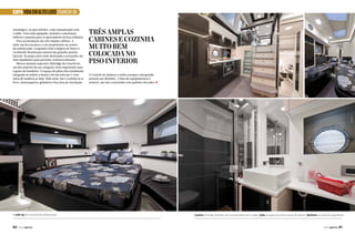 CAPA VIDA EM ALTO LUXO CRANCHI 66
estratégico, no piso inferior, com comunicação com
o salão. Vem toda equipada, inclusive com louças,
talheres e panelas para os apreciadores da boa culinária.
Para acomodação são três amplas cabines. A
suíte vip fica na proa e a do proprietário no centro
da embarcação, ocupando toda a largura do barco e
recebendo iluminação natural das grandes janelas
laterais. Na popa outra suíte destinada a acomodar até
dois tripulantes para pernoite confortavelmente.
Merece atenção especial o flybridge da Cranchi 66,
um dos maiores da sua categoria, item importante para
o gosto do brasileiro. O espaço do piloto fica totalmente
integrado ao solário à frente e há um sofá em U com
mesa de madeira ao lado. Mais atrás, bar e cozinha ao ar
livre, churrasqueira, geladeira e boa área de circulação.

A suíte vip fica na proa da embarcação

80  PERFILNÁUTICO

Três amplas
cabines e cozinha
muito bem
colocada no
piso inferior
A Cranchi 66 mistura o estilo europeu com grande
atenção aos detalhes. A lista de equipamentos é
notável, um iate construído com padrões elevados. j

Cozinha no andar de baixo, em comunicação com o salão. Suíte na popa com duas camas de solteiro. Banheiro na suíte do proprietário

PERFILNÁUTICO 

81 

 