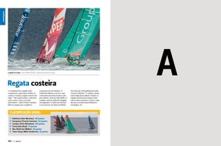 Canal Esporte

Canal Esporte
Canal Esporte
Paul Todd

A

Largada em Itajaí, rumo a Miami (EUA), o destino da próxima etapa

Regata costeira
O Groupama foi a equipe mais
competente, aproveitou melhor os
ventos e venceu a regata costeira em
Itajaí. “Não esperávamos, contamos
com a sorte e com o erro dos
adversários”, disse Franck Cammas,
líder da equipe que completou

o percurso em 46 minutos. O
Telefónica liderava a prova, mas
contornou uma boia errada e caiu
para último, atrás do Abu Dhabi. O
Camper cruzou a linha de chegada
em segundo e o Puma em terceiro.
A sexta perna, de Itajaí até Miami,

terá mais de 9 mil quilômetros pelo
Oceano Atlântico. É o último roteiro
mais longo dessa edição. Depois, as
equipes partem para trajetos mais
curtos entre um porto e outro, o que
deixará a corrida mais dinâmica e
estratégica. S

Classificação geral:
1º Telefónica (Iker Martínez) 149 pontos
2º Groupama (Franck Cammas) 133 pontos
3º Camper (Chris Nicholson) 124 pontos
4º Puma (Ken Read) 117 pontos
5º Abu Dhabi (Ian Walker) 58 pontos
6º Team Sanya (Mike Sanderson) 25 pontos

180  PERFILNÁUTICO

PERFILNÁUTICO 

181 

 