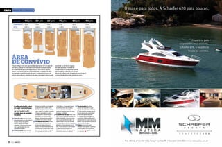 Capa ÁREA DE CONVÍVIO

50 pés

60 pés

70 pés

80 pés

90 pés

comprimento* 12 m

15 m

18 m

21 m

24 m

27 m

boca*

4,60 m

4,90 m

5,30 m

6,00 m

6,50 m

CATEGORIA

40 pés
4,10 m

* medida aproximada

área
de Convívio

Para se chegar a um valor aproximado da área (em m²) do salão de
um barco, pode se ter uma ideia inicial fazendo o cálculo a partir
do comprimento (pés) e da largura (boca). Esse cálculo, porém,
refere-se às áreas internas e externas juntas, e o espaço do salão
vai depender muito do projeto do barco. A importância que se dá
para as áreas de proa, plataforma de popa e passagens laterais pode

aumentar ou diminuir o espaço
do salão principal. A medida do
comprimento se dá de ponta a ponta
(proa a popa), e determina o número
de pés da embarcação. A medida da boca (largura)
é determinada de um lado (bordo) ao outro.

Q

W

Y

E

R

T

O salão principal é a área
de maior movimentação
da embarcação, é por
ele que embarcamos,
a maior área de convívio
dos iates.

em barcos maiores, ou integrada
nível inferior, na passagem para T Para quem gosta de pilotar,
ao grande sofá do salão, como
as cabines. Deve ser completa
o posto de comando é o lugar
maneira de ganhar espaço útil no
e ter equipamentos à mão,
sagrado do proprietário do barco.
salão. A mesa não pode atrapalhar
preferencialmente perto da mesa
Os instrumentos e botões devem
o fluxo de passageiros e deve
de jantar ou dinete.
ficar ao alcance do comandante.
ser espaçosa o suficiente para
R As plataformas de popa estão cada A visão do capitão não pode
acomodar, no mínimo e sem
vez maiores, especialmente para o
ser atrapalhada pelas vigas do
aperto, tantas pessoas quantas
público brasileiro. Funciona como
para-brisa. Preferencialmente, a
Q A área dos sofás deve ser muito
couberem em camas a bordo.
uma sacada de luxo do salão, um
visão precisa ser ampla não só nas
bem iluminada com a luz natural
E A localização da cozinha, muitas
espaço social concorrido dotado
laterais, mas também à ré, para as
do para-brisa e das janelas
vezes dotada de bar, pode ser
de espaço gourmet, churrasqueira,
manobras de docagem.
laterais. Opções de mesas
um grande diferencial para o
geladeira e mesa de jantar ao ar Y A dinete é uma mesa para
rebatíveis, reversíveis em cama
espaço do salão. Dependendo da
livre. Portas de correr que dividem
refeições mais rápidas, e pode ser
dão a oportunidade de mais
necessidade do proprirtário, pode
o salão da praça de popa são
reversível para sofá ou poltrona
convidados a bordo.
estar em um ambiente integrado
ótimas para fundir (ou separar) os
num ambiente integrado ao posto
W A mesa de jantar pode ficar em
ou separado, inclusive em um
ambientes internos e externos.
de comando. S
um ambiente separado, como

56  PERFILNÁUTICO

PERFILNÁUTICO 

57 

 