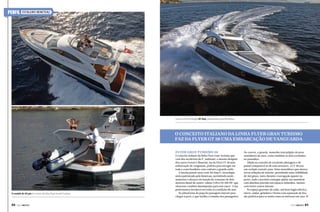 PERFIL

ESTALEIRO BENETEAU

Casco com tecnologia Air Step, patenteado pela Beneteau

O conceito italiano da linha Flyer Gran Turismo
faz da Flyer GT 38 uma embarcação de vanguarda
 

Flyer Gran Turismo 38

O modelo de 49 pés é o maior da linha Flyer Grand Turismo

88  PERFILNÁUTICO

O conceito italiano da linha Flyer Gran Turismo que
vem dos escritórios de P. Andreani, o mesmo designer
dos carros Ferrari e Maserati, faz da Flyer GT 38 uma
embarcação de vanguarda, perfeita para navegar em
toda a costa brasileira com conforto e grande estilo.
A lancha possui casco com Air Step®, tecnologia
única patenteada pela Beneteau, permitindo assim
aumentar o alcance em função do consumo de dois
motores diesel de centro-rabeta Volvo D4 300 HP, que
oferecem o melhor desempenho para esse casco.  Uma
performance invejável em todas as condições de mar.  
Na plataforma da popa há passagens laterais para
chegar à proa, o que facilita o trânsito dos passageiros.

No convés, o guarda-mancebo tem púlpito de proa
semiaberto de inox, como também os dois corrimãos
no passadiço.
Aliado ao conceito de excelente pilotagem e do
painel comparável ao de uma aeronave, a GT 38 tem
um cockpit central e para-brisa monobloco que oferece
novas soluções de interior, permitindo uma visibilidade
de 360 graus, tanto durante a navegação quanto no
porto, onde o joystick consegue ajudar nas manobras
com absoluta precisão em espaços reduzidos, mesmo
com fortes ventos laterais.
No espaço gourmet do salão, um bom fogão elétrico,
micro-ondas, geladeira e lixeira com separação de lixo
são perfeitos para se sentir como se estivesse em casa. j
PERFILNÁUTICO 

89 

 