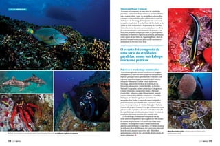 Turismo Mergulho

Shootout Brasil Curaçao

 O evento foi composto de uma série de atividades
paralelas, como workshops teóricos e práticos de foto
sub e apneia, além, claro, de mergulhos todos os dias
e sempre acompanhados pelos palestrantes e staff da
Arribatur e da Divemag. Participaram três centros de
mergulho brasileiros: A Scuba Point de São Paulo, a Mar
A Mar de Belo Horizonte e a Acquanauta de Curitiba.
Animadas festas durante a semana ajudaram no clima
de confraternização e entrosamento do pessoal, e no
final uma pequena competição entre os participantes
buscando os melhores registros da semana, premiadas
com o apoio da Sea Sub e da Aqualung Brasil, além de
diversos brindes fornecidos pela Ocean Encounters e
assinaturas da Revista Deco Stop.

O evento foi composto de
uma série de atividades
paralelas, como workshops
teóricos e práticos
 

Palestras e workshops ministrados

No final, uma pequena competição entre os participantes buscando os melhores registros da semana

128  PERFILNÁUTICO

 Convidamos grandes nomes brasileiros da imagem
subaquática, e cada um deles preparou uma palestra
especial para que todos aprendessem o máximo com
a grande experiência que possuem: Kadu Pinheiro,
fotógrafo submarino e editor-chefe da Revista
Divemag, falou sobre técnicas de iluminação na
fotografia subaquática; Daniel Botelho, da Revista
National Geographic, sobre composição Fotográfica;
Cristian Dimitrius, cinegrafista Globo e National
Geographic, palestrou sobre filmagem sub, usando
câmeras fotográficas DSLR e compactas; e Carolina
Schrappe, modelo fotográfica e recordista de
mergulho livre, sobre a interação com o fotógrafo e
posicionamento para modelo sub. Contamos ainda
com a ilustre presença de Alcides Falanghe e Tatiana
Zanardi do projeto Oceano Vivo, que ministraram uma
palestra sobre o projeto e de como tem sido o dia a dia
da expedição que encabeçam, para viajar e levantar as
condições de nossos oceanos pelo mundo todo.
Os workshops aconteceram sempre no fim da
tarde após os mergulhos e após a galera ter tido tempo
de relaxar na piscina ou ir ao centro da cidade fazer
compras. Os fotógrafos Kadu e Daniel ensinaram
macetes para melhorar as suas fotos, o Cristian ensinou
as melhores dicas de filmagem e a Carol como interagir
(e se divertir) posando para fotos sub. Além disso,
apresentamos como se faz a produção de um ensaio de
moda submarino. j

Mergulhos todos os dias, sempre acompanhados pelos
palestrantes e staff

PERFILNÁUTICO 

129 

 