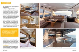 PERFIL

PERSHING 74

altos”, aponta Marcelo Moura, diretor de marketing do
Ferrettigroup Brasil.
Apesar de ser uma nova embarcação, as
características tecnológicas que fizeram da versão 72
um grande sucesso permaneceram. Entre elas está a
porta entre o cockpit e o salão, que integra o exterior
e o interior em um mesmo ambiente. A conjugação
permite um melhor aproveitamento destes espaços,
além de proporcionar aos tripulantes um contato
maior com o mar.
As novas janelas laterais da Pershing 74 são maiores
do que as da sua antecessora e dão uma nova cara para a
embarcação, que utiliza artifícios tecnológicos de última
geração. Desta forma, ela ganha uma personalidade
única, com perfil mais esguio e aerodinâmico.
O modelo segue o padrão da linha Pershing, que,
segundo o diretor de marketing do grupo, consiste em
um barco de “alto desempenho, rápido deslocamento,
linhas modernas e amplas, aliados ao máximo do luxo
a bordo”. A embarcação será a segunda da linha a ser
produzida em território nacional, além da Pershing 64.
De acordo com Marcelo Moura, a Pershing – que
chegou ao Brasil em 2002 – é a segunda marca mais
importante do Ferrettigroup, principalmente pelo perfil
do brasileiro, que adora máquinas velozes na água.

O modelo é uma evolução
da Pershing 72, um barco
que está diretamente
ligado ao sucesso do
estaleiro no Brasil
Potência

A motorização leva a lancha de mais 22 metros de
comprimento e 5,50 de largura a uma velocidade de 44
nós. São dois motores MTU Common Rail de 1.950 HP,
com propulsão Searex e hélices de alta performance em
superfície. Mesmo em altas velocidades, o conforto a
bordo é grande.

O flybridge

Lançando uma nova tendência, o flybridge da 74 está
praticamente camuflado. “A principal característica
deste iate é a combinação de um sutil flybridge em j

80  PERFILNÁUTICO

Cabines e banheiros de fazer inveja a muitos apartamentos

O grande salão integrado à praça de popa é o ambiente mais movimentado

PERFILNÁUTICO 

81 

 