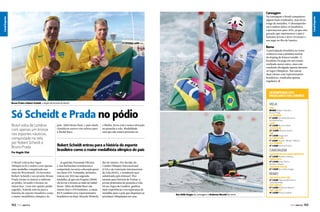 Na canoagem o Brasil conquistou
alguns bons resultados, mas ficou
longe de medalha. O desempenho
em Londres deixa os brasileiros
esperançosos para 2016, já que esta
geração que representou o país é
bastante jovem e deve vivenciar o
seu auge no Rio de Janeiro. 

Remo

A participação brasileira no remo
começou com a péssima notícia
do doping de Kissya Cataldo. A
brasileira foi pega em um exame
realizado meses antes, mas com
resultado divulgado apenas durante
os Jogos Olímpicos. Nas outras
duas classes com representantes
brasileiros, resultados apenas
regulares. S

Desempenho dos
brasileiros em Londres
Bruno Prada e Robert Scheidt, a dupla de bronze do Brasil

VELA

Star
Bronze Robert Scheidt e
Bruno Prada
470 Feminino
6º lugar Fernanda Oliveira e
Ana Barbachan
Laser
13º lugar Bruno Fontes
Laser Radial
25º lugar Adriana Kostiw
Finn
19º lugar Jorge Zarif
RS:X Masculino
9º lugar Ricardo “Bimba” Winicki
RS:X Feminino
13º lugar Patrícia Freitas

Só Scheidt e Prada no pódio
Brasil volta de Londres
com apenas um bronze
nos esportes náuticos,
conquistado na vela
por Robert Scheidt e
Bruno Prada
Por Angelo Sfair
O Brasil voltou dos Jogos
Olímpicos de Londres com apenas
uma medalha conquistada nas
raias de Weymouth. Os favoritos
Robert Scheidt e seu proeiro Bruno
Prada foram os únicos a subirem
ao pódio, levando o bronze na
classe Star. Com este quinto pódio
seguido, Scheidt entrou para a
história do esporte brasileiro como
o maior medalhista olímpico do

152  PERFILNÁUTICO

país. Além desta final, o país ainda
classificou outros três atletas para
a Medal Race.

o Bimba, ficou com a nona colocação
na prancha a vela. Modalidade
esta que não estará presente no

Robert Scheidt entrou para a história do esporte
brasileiro como o maior medalhista olímpico do país
As gaúchas Fernanda Oliveira
e Ana Barbachan terminaram a
competição na sexta colocação geral
na classe 470. Fernanda, inclusive,
tentou em 2012 sua segunda
medalha, já que em Pequim (2008)
ela levou o bronze ao lado de Isabel
Swan. Além da Medal Race nas
classes Star e 470 feminino, a classe
RS:X também teve representantes
brasileiros na final. Ricardo Winicki,

Rio de Janeiro. Por decisão do
Comitê Olímpico Internacional
(COI) e da Federação Internacional
da Vela (ISAF), o windsurfe será
substituído pelo kitesurf. Pior
mesmo para Patrícia de Freitas: a
jovem praticante de prancha a vela
foi aos Jogos de Londres, ganhou
mais experiência e era esperança de
medalha para o país que disputará as
próximas Olimpíadas em casa.

CANOAGEM

Canoagem de velocidade individual
12º lugar Ronílson Oliveira
Canoa dupla
10º lugar Erlon Silva e
Ronílson Oliveira
Canoagem Slalom
16º lugar Ana Sátila Vargas

REMO

Ana Sátila Vargas da canoagem e Anderson Nocetti do remo

Skiff duplo peso leve
13º lugar Fabiana Beltrame e
Luana Bartholo
Skiff simples
19º lugar Anderson Nocetti
Skiff simples
18º lugar Kissya Cataldo

PERFILNÁUTICO 

153 

Canal Esporte

Canal Esporte
Canal Esporte

Canoagem

 