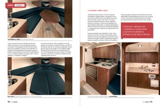 CORSAir 32

A lendária Chris-Craft
	
A história da marca iniciou-se em 1874, quando
Christopher Columbus Smith, com apenas 13 anos,
construiu seu primeiro barco de madeira para caçar
patos. Em 1930, a Chris-Craft tornou-se o maior
construtor mundial de barcos a motor. Smith foi o
pioneiro em alcançar o limite das possibilidades em
suas primeiras embarcações. A empresa impulsionou o
piloto Gar Wood a uma série de recordes de velocidade
e, consequentemente, adquiriu uma popularidade sem
precedentes.
Durante a Segunda Guerra Mundial, a Chris-Craft
construiu cerca de 12 mil barcos de patrulha, lançou
utilitários e veículos de resgate para a Marinha e para o
Exército dos Estados Unidos. No período pós-guerra, a
empresa expandiu a produção de barcos de madeira e

Versatilidade na cabine, com mesa para refeições
A parte interna da Corsair 32 abriga uma luxuosa
cabine com cama em V, que hospeda duas pessoas
no pernoite. Vem equipada com um televisor de tela
plana de 22 polegadas e sistema de som ambiente. Os
armários na versão padrão são de madeira cerejeira e
podem ser personalizados com até três combinações de
cores. A cozinha é equipada com fogão, micro-ondas e
geladeira, e o banheiro é completo.

UM ÍCONE AMERICANO.
A EMPRESA CONQUISTOU
CLIENTES FAMOSOS E
ESTRELAS DE HOLLYWOODn

Os motores de centro-rabeta, a gasolina, na versão
padrão, são da Mercury, modelo 377 MAG, com 300 HP
de potência cada um. Na versão personalizada, há uma
gama de opções para equipar o iate, podendo chegar
até dois motores de 430 HP com o modelo Mercury
8.2. A única opção de motorização a diesel é o modelo
Volvo D4, com 300 HP. O tanque de combustível tem
capacidade para 700 litros.

Duas camas de solteiro em V transformam-se em cama de casal

94  PERFILNÁUTICO

lançou uma gama totalmente nova de barcos de recreio,
aguardando as prosperidades dos anos de 1950. Na época,
a Chris-Craft tinha 159 modelos de barcos de madeira
para praticamente todo tipo de busca de lazer na água.

Armários de madeira cerejeira podem ser personalizados

PERFILNÁUTICO 

95

 