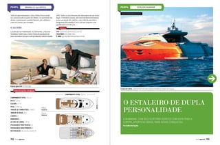 estaleiro numarine

BAVARIA FLY 420 VIRTESS

Além do aproveitamento, toda a linha Virtess pode
ser caracterizada ao gosto do cliente. Os opcionais vão
desde o estofamento, painéis laterais, até colchões e
cores de convés, por exemplo.

O alemão

1978. Todos os iates Bavaria são fabricados em um único
lugar. O estaleiro possui alto nível de desenvolvimento
para a produção de veleiros, com robôs de precisão e
programas de trabalho CAD/CAM em conjunto com
qualificados artesãos.

www.numarinebrasil.com.br

SERVIÇO

Localizada em Giebelstadt, na Alemanha, a Bavaria
Yachtbau GmbH tem a maior linha de produção de
iates em toda a Europa e tem produzido veleiros desde

SITE: www.descobreventos.com.br
TELEFONES: (21) 2158 1100
E-MAIL: geral@descobreventos.com.br

Espaço gourmet no flybridge
Criada em 2002, a Numarine é um dos maiores estaleiros navais da Turquia

ESPECIFICAÇÕES TÉCNICAS
COMPRIMENTO TOTAL: 13,6 m

BOCA: 4,21 m
CALADO: 1,11 m
PESO: 11.400 kg
TANQUE DE COMBUSTÍVEL: 1.200 L
TANQUE DE ÁGUA: 410 L
CABINES: 3

Planta
Externa
Planta
Interna

BOCA: 4,21 m

COMPRIMENTO TOTAL: 13,6 m

O estaleiro de dupla
personalidade

ALTURA DA CABINE: 1,95 m

A Numarine, com seu escritório asiático com vista para a
Europa, aporta no Brasil para novas conquistas

PASSAGEIROS PARA PASSEIO: 12

Por Guilherme Aquino

BANHEIROS: 2

PASSAGEIROS PARA PERNOITE: 6
MOTORIZAÇÃO: de 2x370 a 2x435 HP

112  PERFILNÁUTICO

PERFILNÁUTICO 

113

 