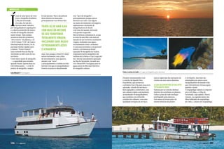 mergulho cuba

Í

cone de uma época de ouro
para o mergulho brasileiro,
a Ilha da Juventude,
em Cuba, foi um dos
destinos mais visitados
por mergulhadores tupiniquins
e o destino preferido de muitas
escolas de mergulho durante
muito tempo. Tudo sempre
acontecia num dos primeiros
“dive resorts” do planeta, o El
CIB El Colony (“CIB” de Centro
Internacional de Buceo). De lá,
partiam lanchas rápidas para
a famosa “Punta Francés”,
uma extensão fina da Ilha da
Juventude no lado oeste do seu
território.
Como única opção de mergulho
— e capacidade para atender,
quando lotada, apenas duas ou
três embarcações — e com 56
pontos de mergulho, sempre
Live Aboard MV Georgiana

foi um paraíso. Mas a decadência
deste destino foi marcante,
principalmente nos últimos dez

TRATA-SE DE UMA ILHA
COM MAIS DA METADE
DE SEU TERRITÓRIO
TOTALMENTE VIRGEM,
INCLUINDO SUAS ÁGUAS
EXTREMAMENTE AZUIS
E ATRAENTES
anos. Isso porque o Hotel El Colony
sofreu fortemente com a falta
de investimentos; seus quartos,
mesmo a ala “nova”,
e principalmente a comida servida
fizeram com que os mergulhadores
fossem aos poucos abandonando

este “spot de mergulho”,
principalmente porque outros
destinos em Cuba, com algum
ou muito investimento estrangeiro,
suplantaram a demanda de
mergulhadores do Brasil
e do resto do mundo, deixando
este paraíso esquecido.
Mas as belezas continuam lá, já que
se trata de uma ilha com mais da
metade de seu território totalmente
virgem, incluindo suas águas
extremamente azuis e atraentes.
E com uma novíssima e excepcional
notícia: a já famosa no Brasil
operação de mergulho da Avalon,
responsável pelos mergulhos em
Jardines de la Reina e Cayo Largo del
Sur, iniciou uma pioneira operação
na Ilha da Juventude, levando seu
Live Aboard MV Georgiana para as
águas azuis da ilha mais histórica
do mergulho cubano.
Cuba é acima de tudo um lugar privilegiado pela natureza
Ficamos entusiasmados com
o convite da Squallo Dive
Expedition, que promoveu
a primeira Fam Trip para essa nova
operação, a bordo de um barco
bem equipado e confortável, com
seis cabines triplas com banheiro,
acomodando 18 mergulhadores,
que recebem o já conhecido
carinho dos cubanos, com uma
qualidade europeia de serviços,

136  PERFILNÁUTICO

marca registrada das operações da
Avalon em seus outros destinos.

A Ilha da Juventude de um jeito
totalmente novo
Famosa por ser um dos últimos
bastiões do socialismo no planeta,
Cuba é acima de tudo um lugar
privilegiado pela natureza.
Seus mares já foram palco de
muitas histórias de piratas

e revoluções, mas hoje são
dominados por outros seres:
mergulhadores do mundo todo
que vêm desfrutar de suas águas
quentes e azuis.
O arquipélago cubano é composto
por 4.195 ilhas, e a Ilha da
Juventude, cuja capital é Nuova
Gerona, é a segunda maior das
ilhas habitadas do arquipélago
de Cuba, e a maior do Arquipélago

PERFILNÁUTICO 

137

 