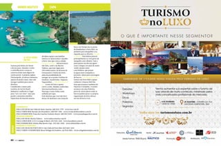 mundo náutico capa
a costa verde
do sul
Famosa pela beleza do litoral
e de seu povo, durante o verão
o sol brilha forte e torna os
cenários ainda mais dignos de
cartão postal. A própria capital,
Florianópolis, já oferece inúmeras
opções de praia e lazer, mas vale
navegar também para outros
destinos.
Considerado o maior polo
turístico do Sul do Brasil,
Balneário Camboriú é o lugar
para “ver e ser visto”, mas sem
perder a atmosfera familiar.
Esportistas de final de semana
dividem espaço com famílias
inteiras no democrático calçadão
à beira-mar que corta a cidade.
Por que conhecer? Infraestrutura
não falta, como a da Marina
Tedesco, que tem vagas para
500 embarcações; há dezenas de
restaurantes e hotéis incríveis,
além da possibilidade de
navegar até as praias vizinhas de
Estaleiro, Estaleirinho, Taquaras,
Taquarinhas... Vale desembarcar
se... Gostar de festa e quiser
curtir a noite. Baladas conhecidas
internacionalmente como
Warung e Green Valley estão
sediadas por aqui.
Dois destinos que você não deve
deixar de desfrutar caso esteja de
barco em Floripa são as praias
de Bombinhas e Porto Belo, na
primeira para mergulhar e na
segunda para se divertir. Por que
conhecer? Pela beleza natural,
principalmente se você gosta de
mergulho com cilindro. Vale a
pena passar um dia nas águas
azuis e limpas cercadas de muito
verde e praias como
a de Zimbros, que possui
as águas mais tranquilas e,
portanto, ideais para ancoragem
de barcos. Vale desembarcar se...
Estiver em Porto Belo e quiser
conhecer o famoso Bali Hai,
festa que acontece também em
Piçarras e Garopaba. O evento
acontece em uma Pedreira,
perto de vários píeres onde os
barcos podem parar e a própria
organização da festa oferece
serviço de leva e traz.
serviço
Florianópolis
Para ancorar: Iate Clube de Santa Catarina. (48) 3225-7799 - www.icsc.com.br
Para comer bem: Recanto dos Brunidores. (48) 9937-3910 - www.recantodosbrunidores.com.br
Para dormir bem: Ponta dos Ganchos Exclusive Resort. (48) 3953 7000 - www.pontadosganchos.com.br
Balneário Camboriú
Para ancorar: Marina Tedesco - www.tedescomarina.com.br
Para comer bem: LUCCA Lounge & Bistrô. (47) 9245-1100 - www.luccabistro.com.br
Para dormir bem: Infinity Blue Resort e Spa. (47) 3261-0300 - www.infinityblue.com.br
Bombinhas e Porto Belo
Para ancorar em Porto Belo: Iate Clube de Porto Belo: (47) 3369-4333
Para comer e dormir bem: Resort Refúgio do Estaleiro, em Porto Belo - www.refugiodoestaleiro.com.br
FotoBrunaRighesso
44  PERFILNÁUTICO
Resort Ponta dos Ganchos
Bombinhas
FotoBrunaRighesso
 