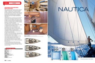 veleiros
ESPECIFICAÇÕES TÉCNICAS
Comprimento: 12,35 m
linha d’água: 11,15 m
tanque de água doce: 200 L
Boca: 4,2 m
calado: 2,1 m
cabines: 3
área vélica: 71 m2
pernoite: 6/8
deslocamento: 9.430 kg
designer: Umberto Felci
Um interior com possibilidades
nunca vistas antes
Todo o interior do 410 é uma obra-prima criada por
um gênio da ergonomia, como gosta de acentuar
a Dufour. “Graças ao casco e às maiores janelas
de convés do mercado, o cliente encontra a sensação
de estar dentro de um barco maior. A sua estrutura
modular pode atender diferentes necessidades,
adequando o barco com o objetivo individual de
cada cliente.”
A cabine principal se transforma em uma belíssima
sala de cinema, otimizada para desfrutar de som
e imagem. Com três cabines e mais espaçosa, dispõe
de cama com cabeceira grande, retangular (não em
forma de V) e inclinada, além de grande quantidade
de armários, um sofá e um lavabo.
Já na cabine de popa, o grande espaço sobre
o colchão permite um armazenamento para toalhas
e a almofada removível facilita o acesso.
A cozinha teve nova cor do acabamento e bom
aproveitamento dos espaços: sob o piso, estão
armazenadas adega e freezer (opcional); atrás da pia
e do fogão a gás foram colocados armários
e prateleiras; o volume embaixo da pia possibilita
o armazenamento de panelas.
No salão, os móveis são modulares: a mesa de cartas
transforma-se em uma mesa dupla; a bancada central
de assentos desliza e torna-os maiores
e mais confortáveis; a mesa é dobrável, tornando
o bar acessível a partir do assento lateral.
Com escotilhas modernas e leves, a iluminação
interna aproveita muito da luz natural, recurso
pouco utilizado em veleiros. O salão tem iluminação
discreta de LED.
Um veleiro aclamado pela mídia internacional
e confirmado pelo sucesso de vendas do modelo.
Um must have para quem gosta de espaço e conforto
no jeito de velejar.
Espaço e conforto marcam a área interna.
104  PERFILNÁUTICO
 