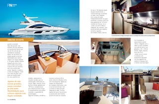 PERFILNÁUTICO44 PERFILNÁUTICO 45
Camaleoas: 40 a 60 pés
quente e icemaker.
Nem tão grandes, mas
também nem tão pequenas,
as cozinhas dos barcos que
vão de 40 a 60 pés são
verdadeiras camaleoas.
Apesar de não terem um
espaço grande, já há mais
flexibilidade para colocar
objetos com dupla utilidade
e, em geral, também sobram
espaços para itens como
micro-ondas e lava-louças.
A Azimut 48, por exemplo,
tem uma cozinha bem
ampla. Segundo o estaleiro,
a maior da categoria. Conta
com mesa de jantar, que
pode ser transformada
em uma superfície de
do barco. Na segunda opção,
lançada recentemente, a
cozinha está logo na entrada
no salão, mais integrada
com a praça de popa.
Independentemente da opção
escolhida, a cozinha conta com
duas geladeiras de 120 litros,
cooktop de 4 bocas, micro
-ondas com forno elétrico
integrado, pia, exaustor, uma
ampla bancada para trabalho,
armários e gavetas.
Do estaleiro Sessa, a lancha
trabalho, destacando as
soluções versáteis para as
embarcações. Ainda tem pia
de aço, fogão, exaustor, forno
de micro-ondas, geladeira de
190 litros, compartimento
para máquina de lavar louças
e compartimentos que podem
aumentar a capacidade de
armazenagem.
Seguindo também a tendência
Fly 42 também é
posicionada na parte
inferior, integrada com o
salão e já vem completa
na versão de série, com
geladeira 125l + 40l de
freezer, fogão, exaustor,
forno de micro
-ondas, pia em corean
e armários com
acabamento laqueado.
Um dos segredos do
estaleiro é planejar bem
o interior para que sejam
nacional, na Azimut 48 há
ainda a área de refeições do fly
com churrasqueiras, ligada aos
espaços de relaxamento.
Já o estaleiro Intermarine, com
a sua lancha de 60 pés, tem
a cozinha no deck principal
integrada ao salão. Há duas
opções de layout. Na primeira,
a cozinha está mais à frente,
próxima da área do comando
Apesar de não
serem grandes,
essas cozinhas
já têm mais
flexibilidade para
colocar objetos com
dupla utilidade.
O posicionamento privilegia a iluminação natural e a ventilação da cozinha na Fly 42, da Sessa Marine
 