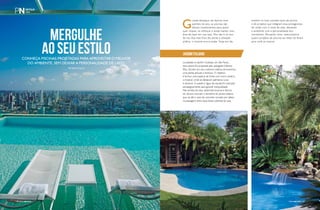 PERFILNÁUTICO136 PERFILNÁUTICO 137
Mergulhe
aoseuestiloConheça piscinas projetadas para aproveitar o melhor
do ambiente, sem deixar a personalidade de lado
Por Camila Castro
G
rande destaque nas épocas mais
quentes do ano, as piscinas são
ótimos investimentos para quem
quer relaxar, se refrescar e ainda manter uma
área de lazer em sua casa. Mas não é só isso.
Se nos dias mais frios ela perde a utilidade
prática, o charme nunca acaba. Hoje em dia,
existem os mais variados tipos de piscina
e de projetos que integram essa protagonista
do verão com o resto da casa, deixando
o ambiente com a personalidade dos
moradores. Pensando nisso, selecionamos
quatro projetos de piscinas ao redor do Brasil
para você se inspirar.
JARDIM ITALIANO
Localizada no Jardim Guedala, em São Paulo,
essa piscina foi projetada pelo paisagista Gilberto
Elkis. Ela tem em seu contorno esferas de buxinhos,
uma planta arbusto e lenhosa. O objetivo
é formar uma espécie de limite com outro cenário,
o tropical, onde se destacam palmeiras cycas
e phoenix. A queda d´água da cascata foi colocada
estrategicamente para garantir tranquilidade.
Nas bordas da casa, pedrinhas brancas e blocos
de viburno marcam o território do jardim italiano,
que vai até o vaso de concreto cercado por píleas,
na passagem entre duas áreas cobertas da casa.
pERFIlNÁuTiCO136 pERFIlNÁuTiCO 137
 