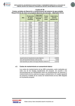 INSTALACION DE LOS SERVICIOS DE AGUA POTABLE Y SANEAMIENTO BÁSICO DE LA LOCALIDAD DE
PAMPAN, DISTRITO DE PARIACOTO, PROVINCIA DE ANCASH, DEPARTAMENTO DE ANCASH.
FIRMA CONSULTORA CONSORCIO GRUPO YHOJECRI SAC
Cuadro N° 69
Costos variables de Operación y mantenimiento del sistema de agua potable
Requerimiento de cloro con proyecto-Aprecios de mercado – Alternativa Única
c.2. Costos de mantenimiento en saneamiento básico
Los costos de mantenimiento de las UBS compostera, serán realizadas por
cada una de las familias beneficiarias del proyecto, de acuerdo a las
recomendaciones de PRONASAR sobre los procedimientos de operación y
mantenimiento de los sistemas de agua y saneamiento. En cuadro siguiente
se presenta el detalle de los costos de mantenimiento de las UBS elegidas
en el presente proyecto.
1 9,709 364.09 0.847 308.38
2 9,831 368.65 0.847 312.25
3 9,928 372.30 0.847 315.34
4 10,050 376.86 0.847 319.20
5 10,171 381.43 0.847 323.07
6 10,293 385.99 0.847 326.93
7 10,390 389.64 0.847 330.02
8 10,512 394.20 0.847 333.89
9 10,634 398.76 0.847 337.75
10 10,755 403.33 0.847 341.62
11 10,877 407.89 0.847 345.48
12 10,974 411.54 0.847 348.57
13 11,096 416.10 0.847 352.44
14 11,218 420.66 0.847 356.30
15 11,339 425.23 0.847 360.17
16 11,461 429.79 0.847 364.03
17 11,558 433.44 0.847 367.12
18 11,680 438.00 0.847 370.99
19 11,802 442.56 0.847 374.85
20 11,923 447.13 0.847 378.71
Requerimiento de hipoclorito de calcio (Kg/m3) 0.0025
Precio del hipoclorito (Nuevos soles por Kg) 15.00
Costo hipoclrito por cada m3 de agua (Nuevos soles/m3) 0.0375
Factor
corre-
cción
Costo total a
precios
sociales (S/.)
Año
Producción
de agua
(m3/Año)
Costo total
a precio de
mercado
(S/.)
 