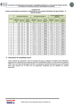 INSTALACION DE LOS SERVICIOS DE AGUA POTABLE Y SANEAMIENTO BÁSICO DE LA LOCALIDAD DE PAMPAN, DISTRITO
DE PARIACOTO, PROVINCIA DE ANCASH, DEPARTAMENTO DE ANCASH.
FIRMA CONSULTORA CONSORCIO GRUPO YHOJECRI SAC
Cuadro N° 84
Costos incrementales de operación y mantenimiento con proyecto del Sistema de Agua Potable – A
precios sociales
C. Indicadores de rentabilidad social
Como método de evaluación para el proyecto de agua se aplicará el análisis Costo Beneficio,
utilizando los indicadores de evaluación de Valor Actual Neto (VAN) y la Tasa Interna de Retorno
(TIR). Con una Tasa de Descuento del 9%.La evaluación económica determina que el Proyecto
tiene valor positivo en el VAN, con los siguientes resultados que se detallan en cuadros
siguientes:
Costos de
Operación
(S/.)
Costos de
Mtto (S/.)
Total de
Costos de
O&M (S/.)
Costos de
Operación
(S/.)
Costos de
Mtto (S/.)
Total de
Costos de
O&M (S/.)
Costos de
Operación
(S/.)
Costos de
Mtto (S/.)
Total de
Costos de
O&M (S/.)
1 0.00 0.00 0.00 1,087.55 457.38 1,544.93 1,087.55 457.38 1,544.93
2 0.00 0.00 0.00 1,091.42 457.38 1,548.80 1,091.42 457.38 1,548.80
3 0.00 0.00 0.00 1,094.51 457.38 1,551.89 1,094.51 457.38 1,551.89
4 0.00 0.00 0.00 1,098.37 457.38 1,555.75 1,098.37 457.38 1,555.75
5 0.00 0.00 0.00 1,102.24 457.38 1,559.62 1,102.24 457.38 1,559.62
6 0.00 0.00 0.00 1,106.10 457.38 1,563.48 1,106.10 457.38 1,563.48
7 0.00 0.00 0.00 1,109.19 457.38 1,566.57 1,109.19 457.38 1,566.57
8 0.00 0.00 0.00 1,113.06 457.38 1,570.44 1,113.06 457.38 1,570.44
9 0.00 0.00 0.00 1,116.92 457.38 1,574.30 1,116.92 457.38 1,574.30
10 0.00 0.00 0.00 1,120.79 457.38 1,578.17 1,120.79 457.38 1,578.17
11 0.00 0.00 0.00 1,124.65 457.38 1,582.03 1,124.65 457.38 1,582.03
12 0.00 0.00 0.00 1,127.74 457.38 1,585.12 1,127.74 457.38 1,585.12
13 0.00 0.00 0.00 1,131.61 457.38 1,588.99 1,131.61 457.38 1,588.99
14 0.00 0.00 0.00 1,135.47 457.38 1,592.85 1,135.47 457.38 1,592.85
15 0.00 0.00 0.00 1,139.34 457.38 1,596.72 1,139.34 457.38 1,596.72
16 0.00 0.00 0.00 1,143.20 457.38 1,600.58 1,143.20 457.38 1,600.58
17 0.00 0.00 0.00 1,146.29 457.38 1,603.67 1,146.29 457.38 1,603.67
18 0.00 0.00 0.00 1,150.16 457.38 1,607.54 1,150.16 457.38 1,607.54
19 0.00 0.00 0.00 1,154.02 457.38 1,611.40 1,154.02 457.38 1,611.40
20 0.00 0.00 0.00 1,157.89 457.38 1,615.27 1,157.89 457.38 1,615.27
SITUACION SIN PROYECTO SITUACION CON PROYECTO
COSTOS INCREMENTALES DEL
PROYECTO
Período
 