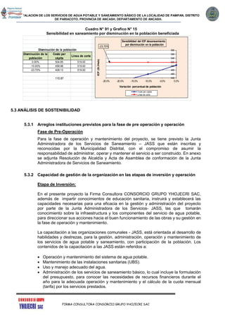 INSTALACION DE LOS SERVICIOS DE AGUA POTABLE Y SANEAMIENTO BÁSICO DE LA LOCALIDAD DE PAMPAN, DISTRITO
DE PARIACOTO, PROVINCIA DE ANCASH, DEPARTAMENTO DE ANCASH.
FIRMA CONSULTORA CONSORCIO GRUPO YHOJECRI SAC
Cuadro N° 91 y Grafico N° 15
Sensibilidad en saneamiento por disminución en la población beneficiada
5.3 ANÁLISIS DE SOSTENIBILIDAD
5.3.1 Arreglos instituciones previstos para la fase de pre operación y operación
Fase de Pre-Operación
Para la fase de operación y mantenimiento del proyecto, se tiene previsto la Junta
Administradora de los Servicios de Saneamiento – JASS que están inscritas y
reconocidas por la Municipalidad Distrital, con el compromiso de asumir la
responsabilidad de administrar, operar y mantener el servicio a ser construido. En anexo
se adjunta Resolución de Alcaldía y Acta de Asamblea de conformación de la Junta
Administradora de Servicios de Saneamiento.
5.3.2 Capacidad de gestión de la organización en las etapas de inversión y operación
Etapa de Inversión:
En el presente proyecto la Firma Consultora CONSORCIO GRUPO YHOJECRI SAC,
además de impartir conocimientos de educación sanitaria, instruirá y establecerá las
capacidades necesarias para una eficacia en la gestión y administración del proyecto
por parte de la Junta Administradora de los Servicios- JASS, las que tomarán
conocimiento sobre la infraestructura y los componentes del servicio de agua potable,
para direccionar sus acciones hacia el buen funcionamiento de las obras y su gestión en
la fase de operación y mantenimiento.
La capacitación a las organizaciones comunales - JASS, está orientada al desarrollo de
habilidades y destrezas, para la gestión, administración, operación y mantenimiento de
los servicios de agua potable y saneamiento, con participación de la población. Los
contenidos de la capacitación a las JASS están referidos a:
 Operación y mantenimiento del sistema de agua potable.
 Mantenimiento de las instalaciones sanitarias (UBS).
 Uso y manejo adecuado del agua.
 Administración de los servicios de saneamiento básico, lo cual incluye la formulación
del presupuesto, para conocer las necesidades de recursos financieros durante el
año para la adecuada operación y mantenimiento y el cálculo de la cuota mensual
(tarifa) por los servicios prestados.
0.00% 504.85 519.00
-10.00% 458.96 519.00
-23.70% 408.13 519.00
110.87
Disminución de la población
Disminución de la
población
Costo per
cápita
Línea de corte
440
460
480
500
520
540
560
580
-25.0% -20.0% -15.0% -10.0% -5.0% 0.0%
ICP(S/./Hab)
Variación porcentual de población
Sensibilidad del ICP desaneamiento
por disminución en la población
Costo per cápita
Línea de corte
-23.70%
 