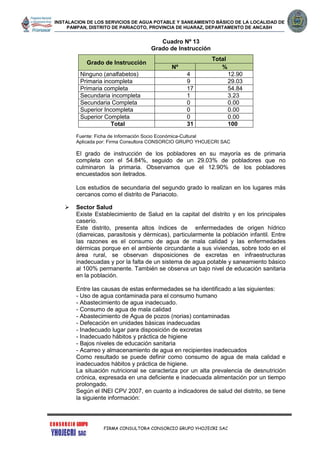 INSTALACION DE LOS SERVICIOS DE AGUA POTABLE Y SANEAMIENTO BÁSICO DE LA LOCALIDAD DE
PAMPAN, DISTRITO DE PARIACOTO, PROVINCIA DE HUARAZ, DEPARTAMENTO DE ANCASH
FIRMA CONSULTORA CONSORCIO GRUPO YHOJECRI SAC
Cuadro Nº 13
Grado de Instrucción
Fuente: Ficha de Información Socio Económica-Cultural
Aplicada por: Firma Consultora CONSORCIO GRUPO YHOJECRI SAC
El grado de instrucción de los pobladores en su mayoría es de primaria
completa con el 54.84%, seguido de un 29.03% de pobladores que no
culminaron la primaria. Observamos que el 12.90% de los pobladores
encuestados son iletrados.
Los estudios de secundaria del segundo grado lo realizan en los lugares más
cercanos como el distrito de Pariacoto.
 Sector Salud
Existe Establecimiento de Salud en la capital del distrito y en los principales
caserío.
Este distrito, presenta altos índices de enfermedades de origen hídrico
(diarreicas, parasitosis y dérmicas), particularmente la población infantil. Entre
las razones es el consumo de agua de mala calidad y las enfermedades
dérmicas porque en el ambiente circundante a sus viviendas, sobre todo en el
área rural, se observan disposiciones de excretas en infraestructuras
inadecuadas y por la falta de un sistema de agua potable y saneamiento básico
al 100% permanente. También se observa un bajo nivel de educación sanitaria
en la población.
Entre las causas de estas enfermedades se ha identificado a las siguientes:
- Uso de agua contaminada para el consumo humano
- Abastecimiento de agua inadecuado.
- Consumo de agua de mala calidad
- Abastecimiento de Agua de pozos (norias) contaminadas
- Defecación en unidades básicas inadecuadas
- Inadecuado lugar para disposición de excretas
- Inadecuado hábitos y práctica de higiene
- Bajos niveles de educación sanitaria
- Acarreo y almacenamiento de agua en recipientes inadecuados
Como resultado se puede definir como consumo de agua de mala calidad e
inadecuados hábitos y práctica de higiene.
La situación nutricional se caracteriza por un alta prevalencia de desnutrición
crónica, expresada en una deficiente e inadecuada alimentación por un tiempo
prolongado.
Según el INEI CPV 2007, en cuanto a indicadores de salud del distrito, se tiene
la siguiente información:
Grado de Instrucción
Total
Nº %
Ninguno (analfabetos) 4 12.90
Primaria incompleta 9 29.03
Primaria completa 17 54.84
Secundaria incompleta 1 3.23
Secundaria Completa 0 0.00
Superior Incompleta 0 0.00
Superior Completa 0 0.00
Total 31 100
 