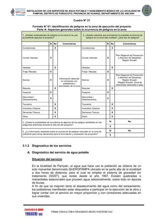 INSTALACION DE LOS SERVICIOS DE AGUA POTABLE Y SANEAMIENTO BÁSICO DE LA LOCALIDAD DE
PAMPAN, DISTRITO DE PARIACOTO, PROVINCIA DE HUARAZ, DEPARTAMENTO DE ANCASH
FIRMA CONSULTORA CONSORCIO GRUPO YHOJECRI SAC
Cuadro N° 21
Formato N° 01: Identificación de peligros en la zona de ejecución del proyecto
Parte A: Aspectos generales sobre la ocurrencia de peligros en la zona
1. ¿Existen antecedentes de peligros en la zona en la cual
se pretende ejecutar el proyecto?
2. ¿Existen estudios que pronostican la probable ocurrencia de
peligros en la zona bajo análisis? ¿Qué tipo de peligros?
Si No Comentarios Si No Comentarios
Inundaciones X
Información obtenida
en entrevista con
pobladores y
autoridades de la zona
Inundaciones X
Lluvias intensas X Lluvias intensas X
Plan Regional de Prevención
y Atención de Desastres
Región Ancash
Heladas X Heladas X
Friaje /Nevada X Friaje / Nevada X
Sismos X Sismos X
Plan Regional de Prevención
y Atención de Desastres
Región Ancash
(Región Ancash: Zona de
sismicidad intermedia a alta)
Sequías X Sequías X
Huaycos X Huaycos X
Derrumbes /
Deslizamientos
X
Derrumbes /
Deslizamientos
X
Tsunamis X Tsunamis X
Incendios Urbanos X Incendios Urbanos X
Derrames Tóxicos X Derrames Tóxicos X
Otros X Otros X
3. ¿Existe la probabilidad de ocurrencia de algunos de los peligros señalados en las
preguntas anteriores durante la vida útil del proyecto?
Si No
X
4. ¿La información existente sobre la ocurrencia de peligros naturales en la zona es
suficiente para tomar decisiones para la formulación y evaluación de proyectos?
Si No
X
3.1.2 Diagnostico de los servicios
A. Diagnóstico del servicio de agua potable
Situación del servicio
En la localidad de Pampán, el agua que hace uso la población se obtiene de un
solo manantial denominado QUEROPAMPA ubicado en la parte alta de la localidad
a dos horas de distancia, para el cual se emplea el sistema de gravedad sin
tratamiento (SGST), que existe desde el año 1997. Existen quebradas o
manantiales estacionales que proveen agua adicionalmente, sobre todo en épocas
de lluvias.
A fin de que se mejoren tanto el abastecimiento del agua como del saneamiento,
los pobladores manifiestan estar dispuestos a participar en la ejecución de la obra y
lograr contar con el servicio en mayor proporción y con conexiones adecuadas en
sus viviendas.
 