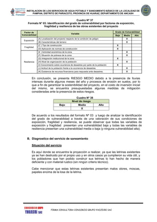 INSTALACION DE LOS SERVICIOS DE AGUA POTABLE Y SANEAMIENTO BÁSICO DE LA LOCALIDAD DE
PAMPAN, DISTRITO DE PARIACOTO, PROVINCIA DE HUARAZ, DEPARTAMENTO DE ANCASH
FIRMA CONSULTORA CONSORCIO GRUPO YHOJECRI SAC
Cuadro Nº 37
Formato N° 03: Identificación del grado de vulnerabilidad por factores de exposición,
fragilidad y resiliencia de las obras existentes del proyecto
Factor de
Vulnerabilidad
Variable
Grado de Vulnerabilidad
Bajo Medio Alto
Exposición
(A) Localización del proyecto respecto de la condición de peligro X
(B) Características del terreno X
Fragilidad
(C ) Tipo de construcción X
(D) Aplicación de normas de construcción X
Resiliencia
(E ) Actividad económica de la zona X
(F) Situación de pobreza de la zona X
(G) Integración institucional de la zona X
(H) Nivel de organización de la población X
(I) Conocimiento sobre ocurrencia de desastres por parte de la población X
(J) Actitud de la población frente a la ocurrencia de desastres. X
(K) Existencia de recursos financieros para respuesta ante desastres. X
En conclusión, se presenta RIESGO MEDIO debido a la presencia de lluvias
intensas durante algunos meses del año y procesos de erosión en suelos, por lo
que a fin de garantizar la sostenibilidad del proyecto, en el costo de inversión inicial
del mismo, se encuentra presupuestadas algunas medidas de mitigación
consideradas ante la presencia de estos riesgos.
Cuadro Nº 38
Nivel de riesgo
Bajo Medio Alto
X
De acuerdo a los resultados del formato Nº 03 y luego de analizar la identificación
del grado de vulnerabilidad a través de una valoración de sus condiciones de
exposición, fragilidad y resiliencia, se puede observar que todas las variables de
exposición y fragilidad presentan una vulnerabilidad baja y todas las variables de
resiliencia presentan una vulnerabilidad media o baja (y ninguna vulnerabilidad alta).
B. Diagnostico del servicio de saneamiento
Situación del servicio
Es aquí donde se encuentra la proyección a realizar, ya que las letrinas existentes
ya se han destruido por el propio uso y en otros casos ya cumplieron su vida útil, y
los pobladores que han podido construir sus letrinas lo han hecho de manera
deficiente y con material rustico (sin ningún criterio técnico).
Cabe mencionar que estas letrinas existentes presentan malos olores, moscas,
papeles encima de la losa de la letrina.
 