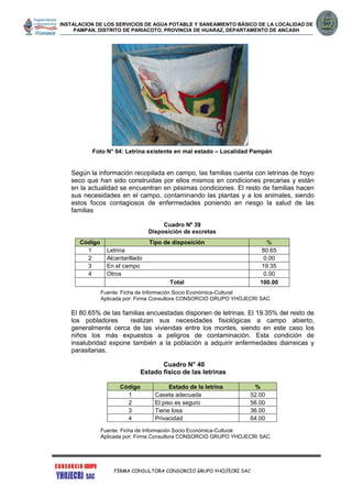 INSTALACION DE LOS SERVICIOS DE AGUA POTABLE Y SANEAMIENTO BÁSICO DE LA LOCALIDAD DE
PAMPAN, DISTRITO DE PARIACOTO, PROVINCIA DE HUARAZ, DEPARTAMENTO DE ANCASH
FIRMA CONSULTORA CONSORCIO GRUPO YHOJECRI SAC
Foto N° 04: Letrina existente en mal estado – Localidad Pampán
Según la información recopilada en campo, las familias cuenta con letrinas de hoyo
seco que han sido construidas por ellos mismos en condiciones precarias y están
en la actualidad se encuentran en pésimas condiciones. El resto de familias hacen
sus necesidades en el campo, contaminando las plantas y a los animales, siendo
estos focos contagiosos de enfermedades poniendo en riesgo la salud de las
familias
Cuadro Nº 39
Disposición de excretas
Fuente: Ficha de Información Socio Económica-Cultural
Aplicada por: Firma Consultora CONSORCIO GRUPO YHOJECRI SAC
El 80.65% de las familias encuestadas disponen de letrinas. El 19.35% del resto de
los pobladores realizan sus necesidades fisiológicas a campo abierto,
generalmente cerca de las viviendas entre los montes, siendo en este caso los
niños los más expuestos a peligros de contaminación. Esta condición de
insalubridad expone también a la población a adquirir enfermedades diarreicas y
parasitarias.
Cuadro N° 40
Estado físico de las letrinas
Código Estado de la letrina %
1 Caseta adecuada 52.00
2 El piso es seguro 56.00
3 Tiene losa 36.00
4 Privacidad 64.00
Fuente: Ficha de Información Socio Económica-Cultural
Aplicada por: Firma Consultora CONSORCIO GRUPO YHOJECRI SAC
Código Tipo de disposición %
1 Letrina 80.65
2 Alcantarillado 0.00
3 En el campo 19.35
4 Otros 0.00
Total 100.00
 