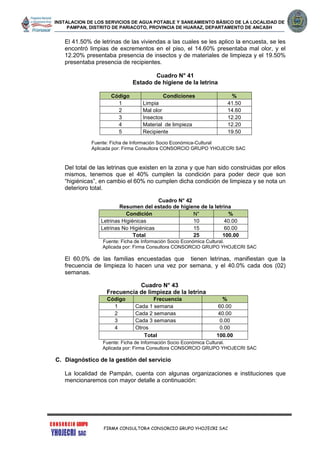 INSTALACION DE LOS SERVICIOS DE AGUA POTABLE Y SANEAMIENTO BÁSICO DE LA LOCALIDAD DE
PAMPAN, DISTRITO DE PARIACOTO, PROVINCIA DE HUARAZ, DEPARTAMENTO DE ANCASH
FIRMA CONSULTORA CONSORCIO GRUPO YHOJECRI SAC
El 41.50% de letrinas de las viviendas a las cuales se les aplico la encuesta, se les
encontró limpias de excrementos en el piso, el 14.60% presentaba mal olor, y el
12.20% presentaba presencia de insectos y de materiales de limpieza y el 19.50%
presentaba presencia de recipientes.
Cuadro N° 41
Estado de higiene de la letrina
Código Condiciones %
1 Limpia 41.50
2 Mal olor 14.60
3 Insectos 12.20
4 Material de limpieza 12.20
5 Recipiente 19.50
Fuente: Ficha de Información Socio Económica-Cultural
Aplicada por: Firma Consultora CONSORCIO GRUPO YHOJECRI SAC
Del total de las letrinas que existen en la zona y que han sido construidas por ellos
mismos, tenemos que el 40% cumplen la condición para poder decir que son
“higiénicas”, en cambio el 60% no cumplen dicha condición de limpieza y se nota un
deterioro total.
Cuadro N° 42
Resumen del estado de higiene de la letrina
Condición N° %
Letrinas Higiénicas 10 40.00
Letrinas No Higiénicas 15 60.00
Total 25 100.00
Fuente: Ficha de Información Socio Económica Cultural.
Aplicada por: Firma Consultora CONSORCIO GRUPO YHOJECRI SAC
El 60.0% de las familias encuestadas que tienen letrinas, manifiestan que la
frecuencia de limpieza lo hacen una vez por semana, y el 40.0% cada dos (02)
semanas.
Cuadro N° 43
Frecuencia de limpieza de la letrina
Código Frecuencia %
1 Cada 1 semana 60.00
2 Cada 2 semanas 40.00
3 Cada 3 semanas 0.00
4 Otros 0.00
Total 100.00
Fuente: Ficha de Información Socio Económica Cultural.
Aplicada por: Firma Consultora CONSORCIO GRUPO YHOJECRI SAC
C. Diagnóstico de la gestión del servicio
La localidad de Pampán, cuenta con algunas organizaciones e instituciones que
mencionaremos con mayor detalle a continuación:
 