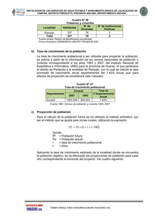 INSTALACION DE LOS SERVICIOS DE AGUA POTABLE Y SANEAMIENTO BÁSICO DE LALOCALIDAD DE
PAMPAN, DISTRITO PARIACOTO, PROVINCIA ANCASH, DEPARTAMENTO ANCASH.
FIRMA CONSULTORA CONSORCIO GRUPO YHOJECRI SAC
Cuadro N° 46
Población y viviendas
Localidad Habitantes
N° de
Viviendas
N° de Instituciones
Públicas
Pampán 337 76 2
Total 337 76 2
Fuente propia: Padrón de Beneficiarios actualizado
Firma consultora CONSORCIO GRUPO YHOJECRI SAC
b) Tasa de crecimiento de la población
La tasa de crecimiento poblacional a ser utilizada para proyectar la población,
se estima a partir de la información de los censos nacionales de población y
vivienda correspondiente a los años 1993 y 2007, del Instituto Nacional de
Estadística e Informática (INEI) para la provincia de Huaraz, al que pertenece
el distrito de Pariacoto y la localidad de Pampán, con lo cual se calculó la tasa
promedio de crecimiento anual departamental del 1.42% anual, que para
efectos de proyección se considerará este indicador.
Cuadro N° 47
Tasa de crecimiento poblacional
Fuente: INEI: Censos de población y vivienda 1993, 2007
c) Proyección de población
Para el cálculo de la población futura se ha utilizado el método aritmético, por
ser el método que se ajusta para zonas rurales, utilizando la expresión:
 100/1 trPaPf 
Donde:
Pf = Población futura
Pa = Población actual
r = tasa de crecimiento poblacional
t = años
Aplicando la tasa de crecimiento estimado de la localidad donde se encuentra
la población objetivo, se ha efectuado las proyecciones de población para cada
año correspondiente al horizonte del proyecto. Ver cuadro siguiente:
Departamento
Censos Tasa de
C°Departamental
Anual2007 1993
Ancash 1063,459 955,023 1.42%
 