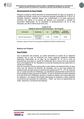 INSTALACION DE LOS SERVICIOS DE AGUA POTABLE Y SANEAMIENTO BÁSICO DE LA LOCALIDAD DE
PAMPAN, DISTRITO DE PARIACOTO, PROVINCIA DE ANCASH, DEPARTAMENTO DE ANCASH.
FIRMA CONSULTORA CONSORCIO GRUPO YHOJECRI SAC
Almacenamiento de Agua Potable
Respecto al balance oferta–demanda de almacenamiento de agua sin proyecto, la
localidad de Pampan cuenta con un reservorio apoyado rectangular de 11.00 m3
en
completo deterioro, presenta fisuras que comprometen a la parte estructural,
asimismo hay daños en la cámara de válvulas, sus accesorios y válvulas se
encuentran deteriorados; En la actualidad el almacenamiento no es el más
adecuado, por ello la oferta actual seria cero.
Cuadro N° 56
Detalle de oferta de almacenamiento – Sin Proyecto
CAPTACION RESERVORIO M3
VIVIENDAS
CON CONEX.
VIVIENDAS
BENEFICIADAS
Captación Queropampa
construido por
FONCODES
año 1996
11.00 77.40% 76.00
Elaborado: Equipo Técnico Firma Consultora CONSORCIO GRUPO YHOJECRI SAC
Balance con Proyecto
Agua Potable
Con la ejecución del proyecto, se quiere aprovechar el caudal de la captación
existente, por lo cual, se construirá una nueva captación (captación existente
totalmente deteriorada) en el lugar de la Captación N° 01 en la zona de
Queropampa, que tiene un caudal de 0.22lts/seg. De la misma forma se proyecta
hacer una Captación N° 02, ubicadas en la zona de Cacacancha las cuales tiene un
caudal de 0.41lts/seg.
Aquí se incorporan nuevos componentes a este sistema de abastecimiento de agua
como son las Cámara de Reunión de Caudales, con lo que este sistema de
abastecimiento de agua reúne el caudal de las captaciones N° 01, y N° 02, teniendo
así un caudal conjunto de 0.63lts/seg, que abastecerá ampliamente la demanda de
toda la población para el periodo de diseño, ya que la demanda promedio esperada
en el año 20 es de 0.378lts/seg, siempre y cuando se realicen una nueva estructura
de captación y se mejoren las actuales estructuras de captación a estos sistemas
convencional por gravedad sin tratamiento – SGST, así como el mejoramiento de
redes, reservorio y conexiones domiciliarias.
 