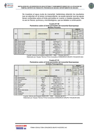 INSTALACION DE LOS SERVICIOS DE AGUA POTABLE Y SANEAMIENTO BÁSICO DE LA LOCALIDAD DE
PAMPAN, DISTRITO DE PARIACOTO, PROVINCIA DE ANCASH, DEPARTAMENTO DE ANCASH.
FIRMA CONSULTORA CONSORCIO GRUPO YHOJECRI SAC
Se muestreo el agua cruda de manantial, habiéndose obtenido los resultados
que se adjuntan en el anexo correspondiente, se puede apreciar que las aguas
tienen contenidos sobre el límite permisible en cuanto a metales pesados, más
no así en físicos, químicos y microbiológicos, que se detallan a continuación:
Cuadro N° 60
Parámetros sobre el límite permisible del manantial Queropampa
Metales Pesados
Fuente: Informe de Ensayos INDECOPI – SNA – Octubre del 2011
Elaborado por: Equipo Técnico Firma Consultora CONSORCIO GRUPO YHOJECRI SAC
Cuadro N° 61
Parámetros sobre el límite permisible del manantial Queropampa
Análisis Fisicoquímico
Fuente: Informe de Ensayos INDECOPI – SNA – Octubre del 2011
Elaborado por: Equipo Técnico Firma Consultora CONSORCIO GRUPO YHOJECRI SAC
 