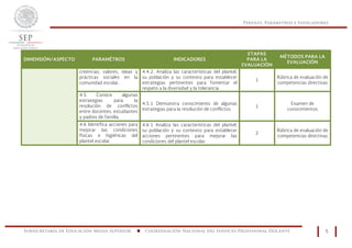 Perfiles, Parámetros e Indicadores
Subsecretaría de Educación Media Superior n Coordinación Nacional del Servicio Profesional Docente 5
DIMENSIÓN/ASPECTO PARAMÉTROS INDICADORES
ETAPAS
PARA LA
EVALUACIÓN
MÉTODOS PARA LA
EVALUACIÓN
creencias, valores, ideas y
prácticas sociales en la
comunidad escolar.
4.4.2. Analiza las características del plantel,
su población y su contexto para establecer
estrategias pertinentes para fomentar el
respeto a la diversidad y la tolerancia.
1
Rúbrica de evaluación de
competencias directivas
4.5 Conoce algunas
estrategias para la
resolución de conflictos
entre docentes, estudiantes
y padres de familia.
4.5.1 Demuestra conocimiento de algunas
estrategias para la resolución de conflictos.
1
Examen de
conocimientos
4.6 Identifica acciones para
mejorar las condiciones
físicas e higiénicas del
plantel escolar.
4.6.1 Analiza las características del plantel,
su población y su contexto para establecer
acciones pertinentes para mejorar las
condiciones del plantel escolar.
2
Rúbrica de evaluación de
competencias directivas
 