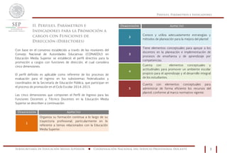 Perfiles, Parámetros e Indicadores
Subsecretaría de Educación Media Superior n Coordinación Nacional del Servicio Profesional Docente 3
II. Perfiles, Parámetros e
Indicadores para la Promoción a
cargos con Funciones de
Dirección (Directores)
Con base en el consenso establecido a través de las reuniones del
Consejo Nacional de Autoridades Educativas (CONAEDU) en
Educación Media Superior se estableció el perfil directivo para la
promoción a cargos con funciones de dirección, el cual considera
cinco dimensiones.
El perfil definido es aplicable como referente de los procesos de
evaluación para el ingreso en los subsistemas federalizados y
coordinados de la Secretaría de Educación Pública, que participan en
el proceso de promoción en el Ciclo Escolar 2014-2015.
Las cinco dimensiones que componen el Perfil de Ingreso para las
Funciones Docentes y Técnico Docentes en la Educación Media
Superior se describen a continuación:
Dimensión Aspecto
1
Organiza su formación continua a lo largo de su
trayectoria profesional, particularmente en lo
referente a temas relacionados con la Educación
Media Superior.
Dimensión Aspecto
2
Conoce y utiliza adecuadamente estrategias y
métodos de planeación para la mejora del plantel
3
Tiene elementos conceptuales para apoyar a los
docentes en la planeación e implementación de
procesos de enseñanza y de aprendizaje por
competencias.
4
Cuenta con elementos conceptuales y
actitudinales para promover un ambiente escolar
propicio para el aprendizaje y el desarrollo integral
de los estudiantes.
5
Cuenta con elementos conceptuales para
administrar de forma eficiente los recursos del
plantel, conforme al marco normativo vigente.
 