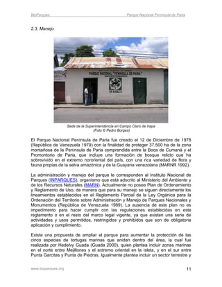 BioParques                                             Parque Nacional Península de Paria


2.3. Manejo




                     Sede de la Superintendencia en Campo Claro de Irapa
                                    (Foto © Pedro Borges)

El Parque Nacional Península de Paria fue creado el 12 de Diciembre de 1978
(República de Venezuela 1979) con la finalidad de proteger 37.500 ha de la zona
montañosa de la Península de Paria comprendida entre la Boca de Cumaná y el
Promontorio de Paria, que incluye una formación de bosque relicto que ha
sobrevivido en el extremo nororiental del país, con una rica variedad de flora y
fauna propias de la selva amazónica y de la Guayana venezolana (MARNR 1992).

La administración y manejo del parque le corresponden al Instituto Nacional de
Parques (INPARQUES), organismo que está adscrito al Ministerio del Ambiente y
de los Recursos Naturales (MARN). Actualmente no posee Plan de Ordenamiento
y Reglamento de Uso, de manera que para su manejo se siguen directamente los
lineamientos establecidos en el Reglamento Parcial de la Ley Orgánica para la
Ordenación del Territorio sobre Administración y Manejo de Parques Nacionales y
Monumentos (República de Venezuela 1989). La ausencia de este plan no es
impedimento para hacer cumplir con las regulaciones establecidas en este
reglamento o en el resto del marco legal vigente, ya que existen una serie de
actividades y usos permitidos, restringidos y prohibidos que son de obligatoria
aplicación y cumplimiento.

Existe una propuesta de ampliar el parque para aumentar la protección de las
cinco especies de tortugas marinas que anidan dentro del área, la cual fue
realizada por Hedelvy Guada (Guada 2000), quien plantea incluir zonas marinas
en el norte entre Mejillones y el extremo oriental en la isleta, y en el sur entre
Punta Garcitas y Punta de Piedras. Igualmente plantea incluir un sector terrestre y


www.bioparques.org                                                                          11
 