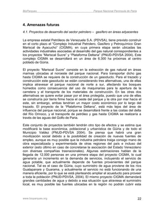 BioParques                                        Parque Nacional Península de Paria




4. Amenazas futuras
4.1. Proyectos de desarrollo del sector petrolero – gasífero en áreas adyacentes

La empresa estatal Petróleos de Venezuela S.A. (PDVSA), tiene previsto construir
en el corto plazo el “Complejo Industrial Petrolero, Gasífero y Petroquímico Gran
Mariscal de Ayacucho” (CIGMA), en cuya primera etapa serán ubicadas las
actividades industriales asociadas al desarrollo del gas natural correspondientes a
los proyectos “Mariscal Sucre” y “Plataforma Deltana” (PNUD-PDVSA 2004). Este
complejo CIGMA se desarrollará en un área de 6.300 ha próximas al centro
poblado de Güiria.

El proyecto “Mariscal Sucre” consiste en la extracción de gas natural en áreas
marinas ubicadas al noroeste del parque nacional. Para transportar dicho gas
hasta CIGMA se requiere de la construcción de un gasoducto. Para el trazado y
construcción este gasoducto se están considerando tres alternativas, una de ellas
implica atravesar el parque nacional de norte a sur, afectando los bosques
húmedos como consecuencia del uso de maquinarias para la apertura de la
carretera y el transporte de los materiales de construcción. En las otras dos
alternativas se quiere evitar pasar por el área protegida, puesto que una de ellas
se construiría por tierra firme hacia el oeste del parque y la otra por mar hacia el
este, sin embargo, ambas tendrían un mayor costo económico por lo largo del
trazado. El proyecto de la “Plataforma Deltana”, está más lejos del área de
influencia del parque nacional, porque se desarrollará frente a las costas del delta
del Río Orinoco, y el transporte de petróleo y gas hasta CIGMA se realizaría a
través de las aguas del Golfo de Paria.

Este conjunto de proyectos también tendrán otro tipo de efectos y se estima que
modificará la base económica, poblacional y urbanística de Güiria y de todo el
Municipio Valdez (PNUD-PDVSA 2004). Se piensa que habrá una gran
movilización social debido a la posibilidad de creación de nuevas fuentes de
empleo, aunque es muy posible que la industria petrolera traiga consigo mano de
obra especializada y experimentada de otras regiones del país e incluso del
exterior (esto último en caso de concretarse la asociación del Estado Venezolano
con diversas compañías trasnacionales). Algunas estimaciones hablan de la
llegada de 12.000 personas en una primera etapa del proyecto CIGMA, lo cual
generaría un incremento en la demanda de servicios, incluyendo el servicio de
agua potable, que actualmente depende de fuentes provenientes del parque
nacional. Tal es el caso de Güiria, cuyo suministro de agua proviene de los ríos
Guatapanare y Guarama, y actualmente el servicio no está funcionando de una
manera eficiente, por lo que se está planteando ampliar el acueducto para proveer
a toda la población (PNUD-PDVSA, 2004). El mismo proyecto CIGMA demandará
grandes cantidades de agua y debido a esa situación que atraviesa el suministro
local, es muy posible las fuentes ubicadas en la región no podrán cubrir esta



www.bioparques.org                                                                     22
 