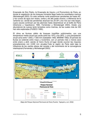 BioParques                                             Parque Nacional Península de Paria


Ensenada de Don Pedro, la Ensenada de Uquire y el Promontorio de Paria, en
donde la vegetación de los bosques húmedos llega hasta los acantilados marinos
(Michelangeli 2003). En esta vertiente norte predominan pendientes de hasta 45º,
y los cursos de agua son rectos, cortos y de alto poder erosivo, a diferencia de la
vertiente sur, donde las pendientes alcanzan los 25-35º y los ríos son más largos,
cuyos cauces continúan por las planicies hasta desembocar en el Golfo de Paria
(Gremone y Capobianco 1985, Fernández y Michelangeli 2003). Existe una
abundancia de cuevas tanto terrestres como marinas, de las cuales más de 330
han sido exploradas (FUDECI 1990).

El clima es lluvioso cálido de bosques tropófilos subhúmedos, con una
temperatura media anual que oscila entre los 15ºC y los 26ºC, y una precipitación
anual varía entre 1.000 y 1.500 mm (Gabaldón 1992, MARNR 1992). El período de
lluvias se extiende entre mayo y noviembre, con un período más o menos seco
entre enero y abril, siendo el Cerro Humo el lugar donde ocurren las mayores
precipitaciones con 2.000 mm anuales.Toda la región de Paria está bajo la
influencia de los vientos alisios del noreste y del movimiento de la convergencia
intertropical (Fernández y Michelangeli 2003).




         Mapa del Parque Nacional Península de Paria (Fuente: Tapiquén y col. 2004)




www.bioparques.org                                                                          5
 